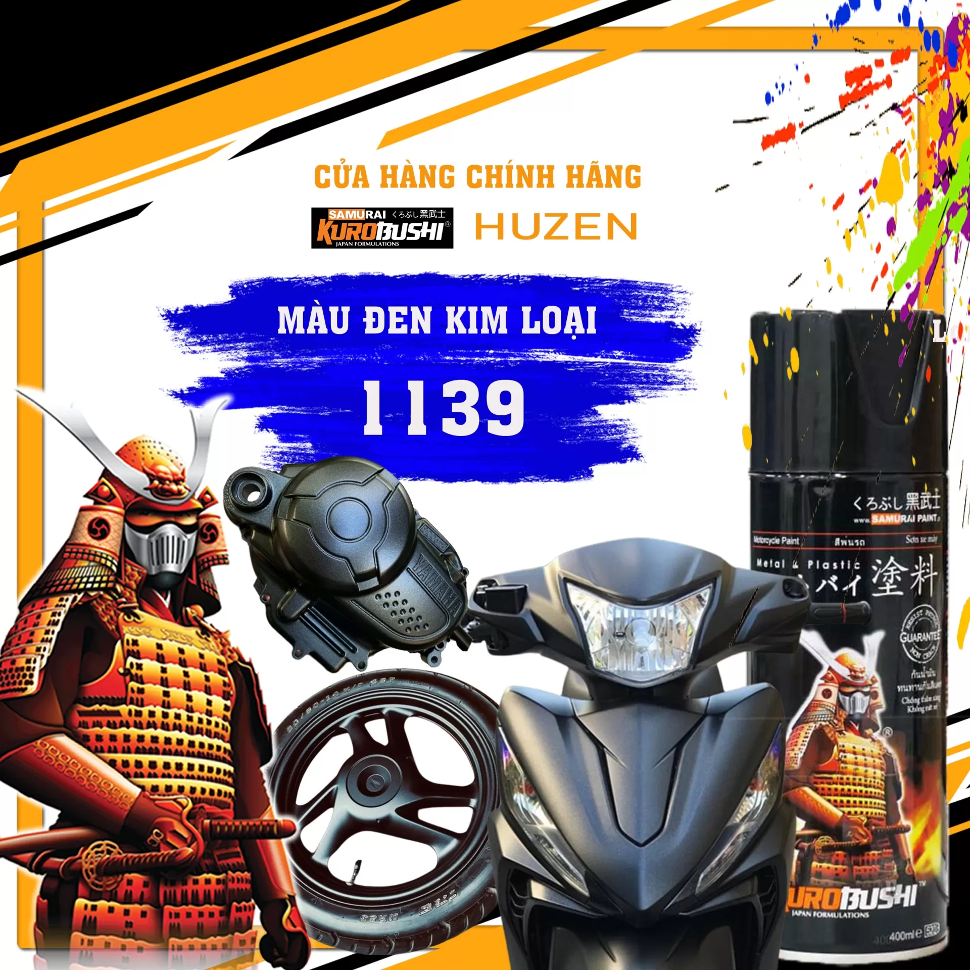 Sơn Xịt Samurai Màu Đen Ánh Kim 1139 – Bóng Đẹp, Bám Dính Tốt, Hiệu Ứng Kim Loại Sang Trọng