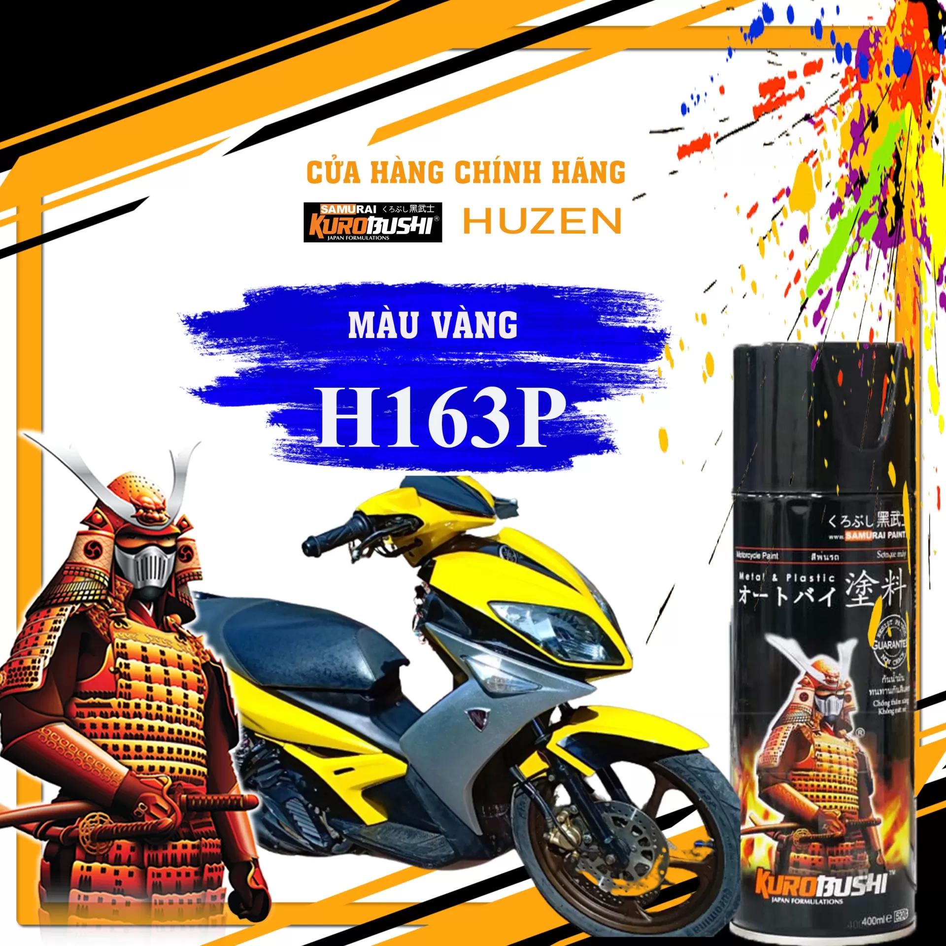 Sơn xịt Samurai H163P – Vàng Sang Trọng, Bám Dính Cực Tốt, Màu Lên Chuẩn