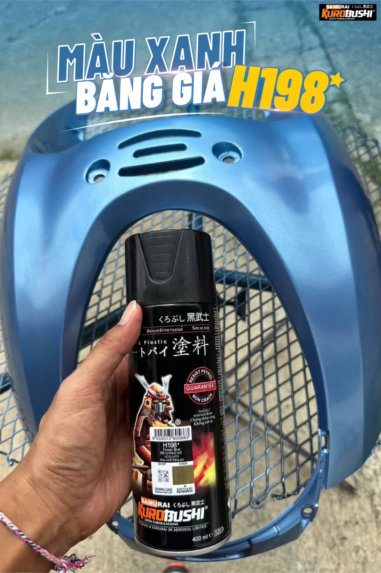 Sơn xịt Samurai H198 màu xanh nhạt – nhẹ nhàng, tươi sáng, bền màu theo thời gian