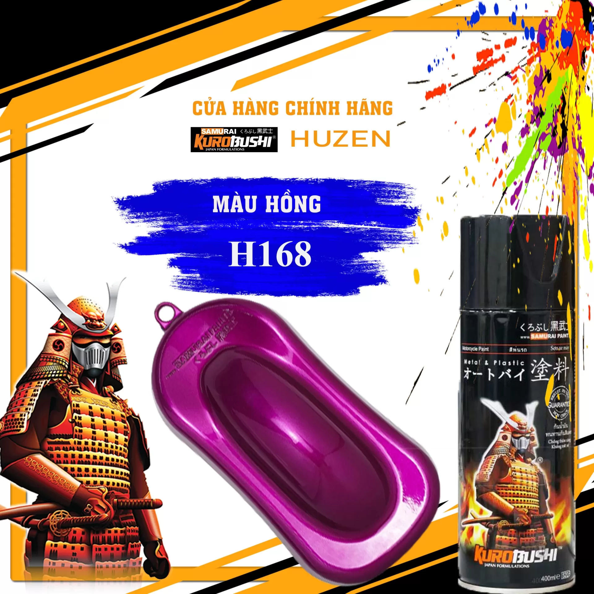 Sơn xịt Samurai H168 – màu hồng tươi nổi bật, đều màu, khô nhanh, bám chắc, dễ thi công