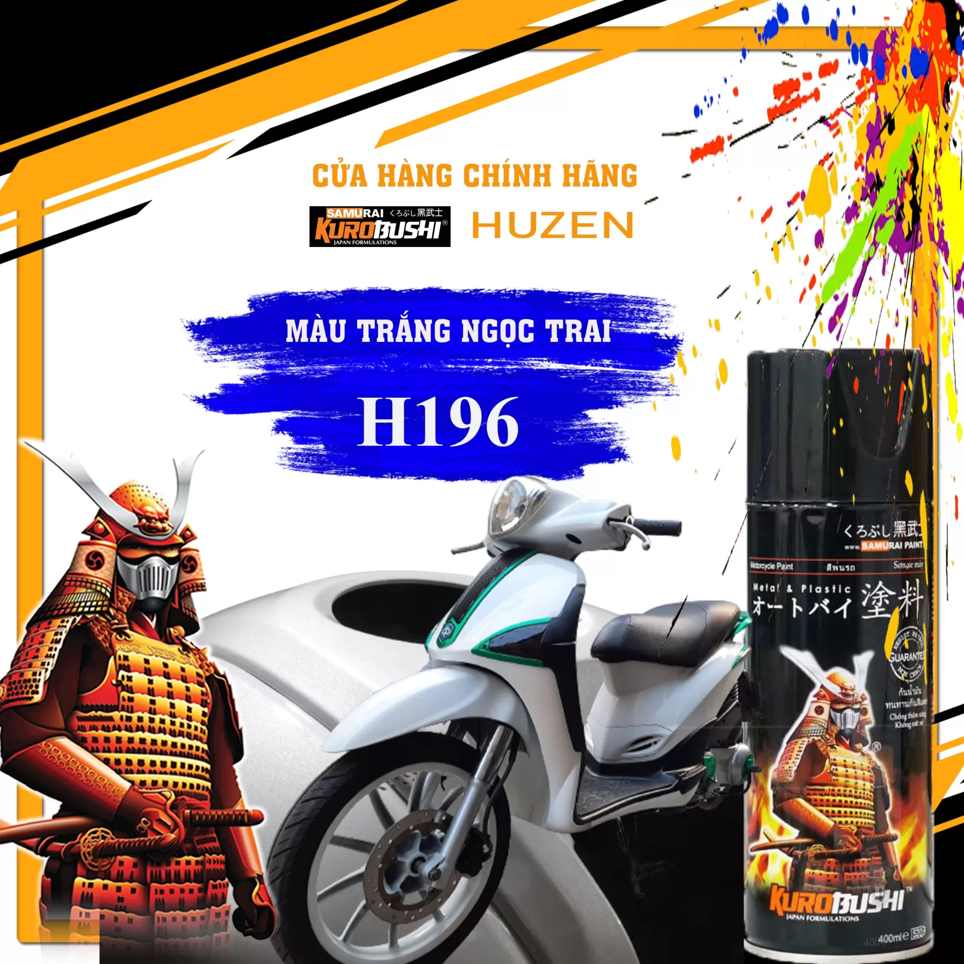 Sơn Xịt Samurai H196 – Trắng Ánh Kim Sang Trọng, Bắt Sáng Cực Đỉnh