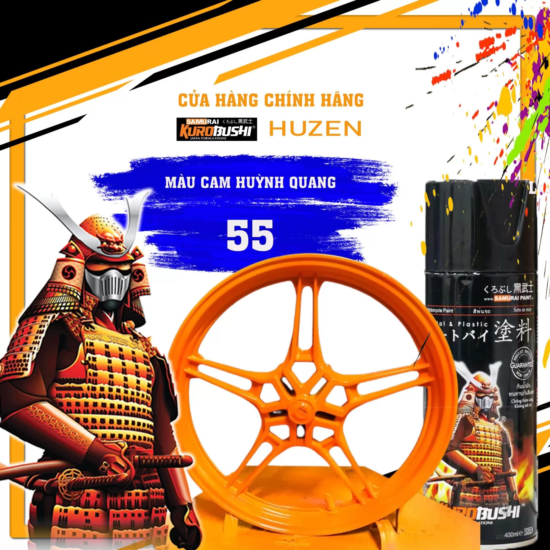 Sơn xịt Samurai 55 màu cam huỳnh quang – rực rỡ, phát sáng, bám chắc, khô nhanh