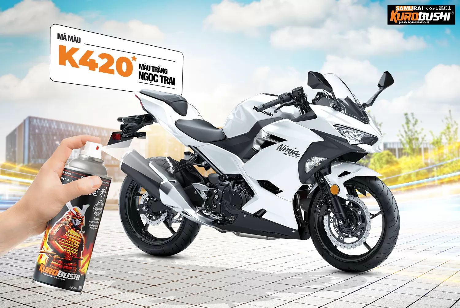 Sơn xịt Samurai K420 màu trắng ánh kim – tinh tế, sang trọng, bám tốt, khô nhanh