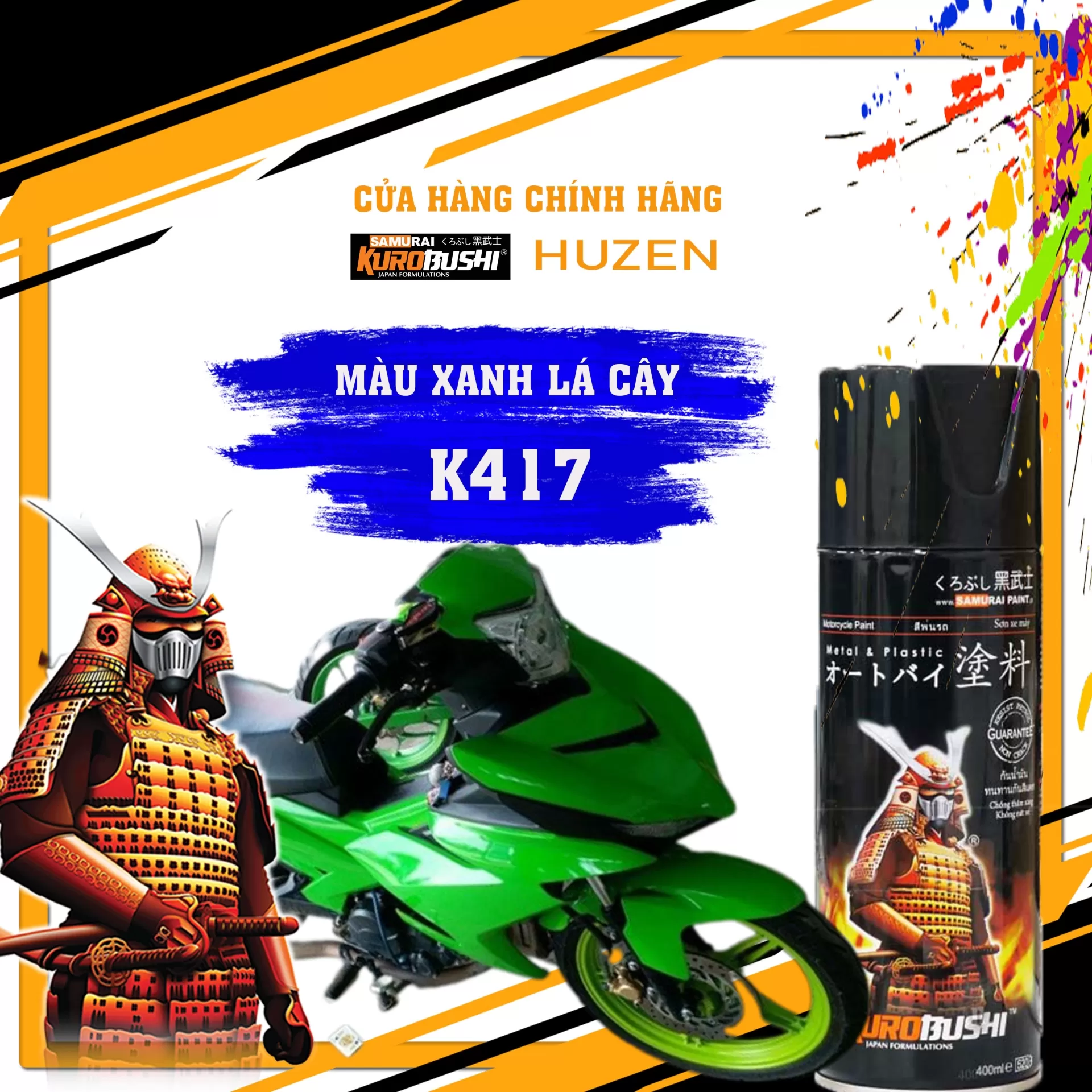Sơn xịt Samurai K417 màu xanh lá ánh kim – nổi bật, cá tính, bám chắc, khô nhanh