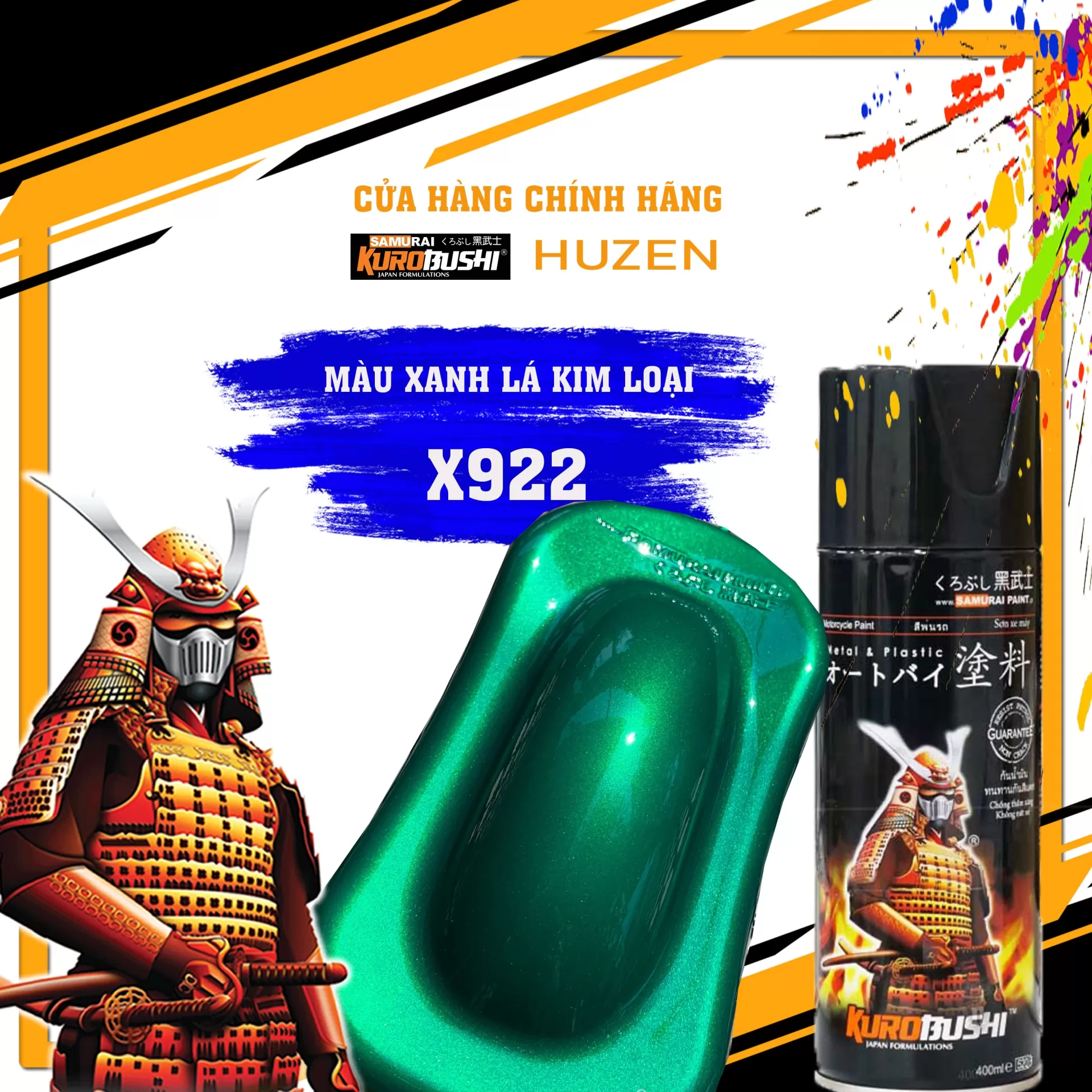 Sơn xịt Samurai X922 – màu xanh lá kim loại ánh kim nổi bật, cá tính, bám tốt, khô nhanh