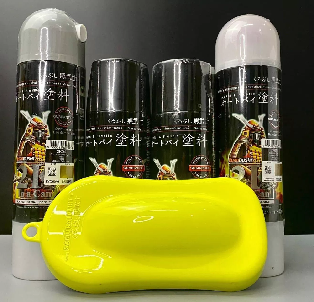 Sơn xịt Samurai S272 – màu vàng nổi bật, sắc vàng tươi rõ nét, khô nhanh, bám chắc, đều màu