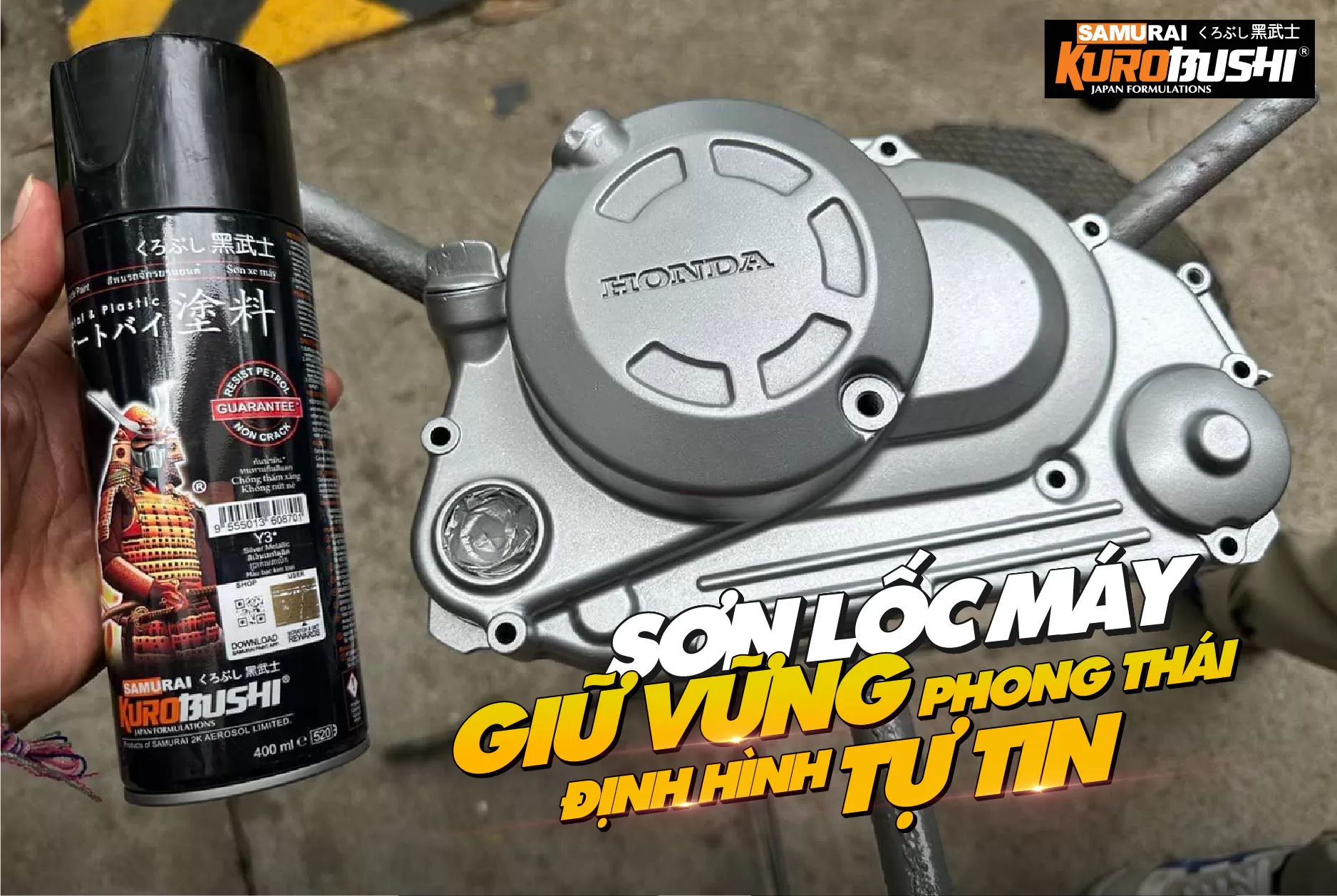 Sơn xịt Samurai Y3 màu bạc ánh kim – sáng bóng, sang trọng, bám chắc, nhanh khô