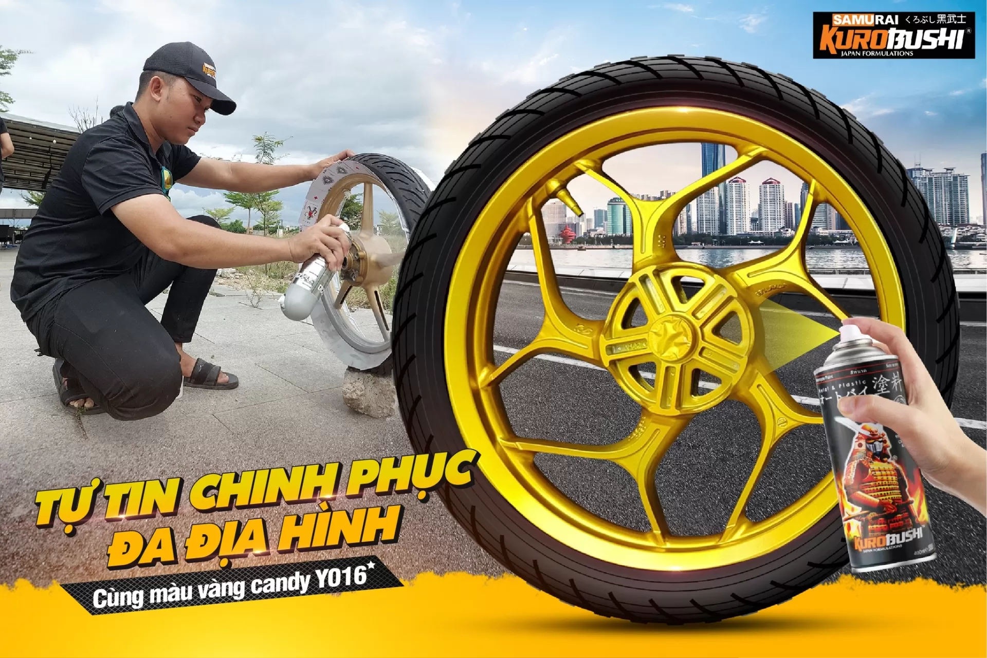 Sơn xịt Samurai Y016 màu vàng candy – rực rỡ, trong suốt, bám chắc, khô nhanh