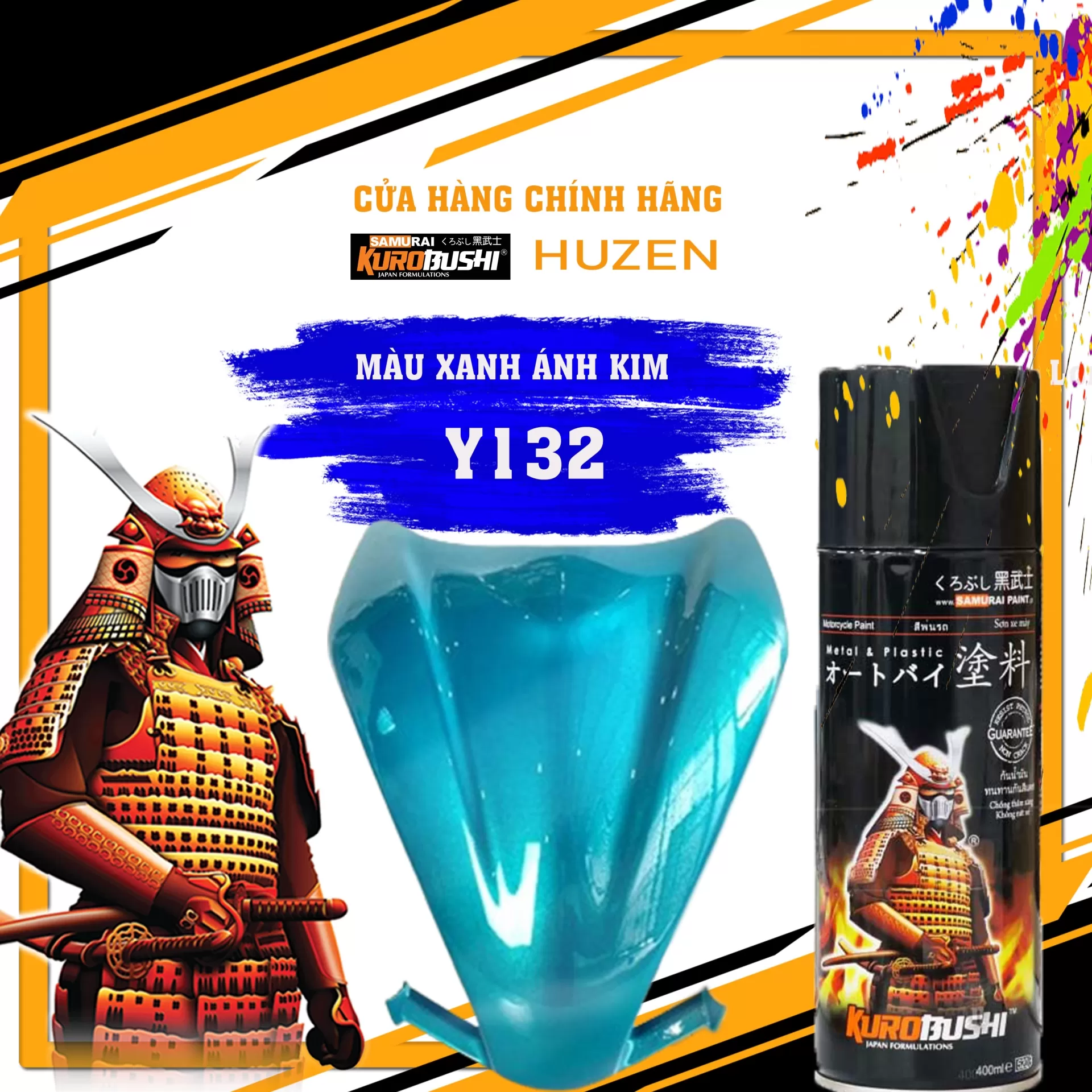 Sơn xịt Samurai Y132 – màu xanh nổi bật, sắc xanh tươi sáng, đều màu, bám chắc, khô nhanh
