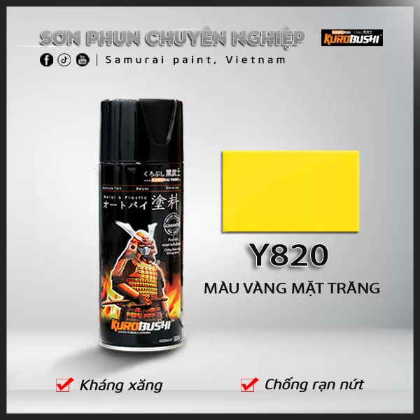 Sơn xịt Samurai Y820 – màu vàng nổi bật, sắc vàng tươi rõ nét, khô nhanh, bám chắc, dễ thi công