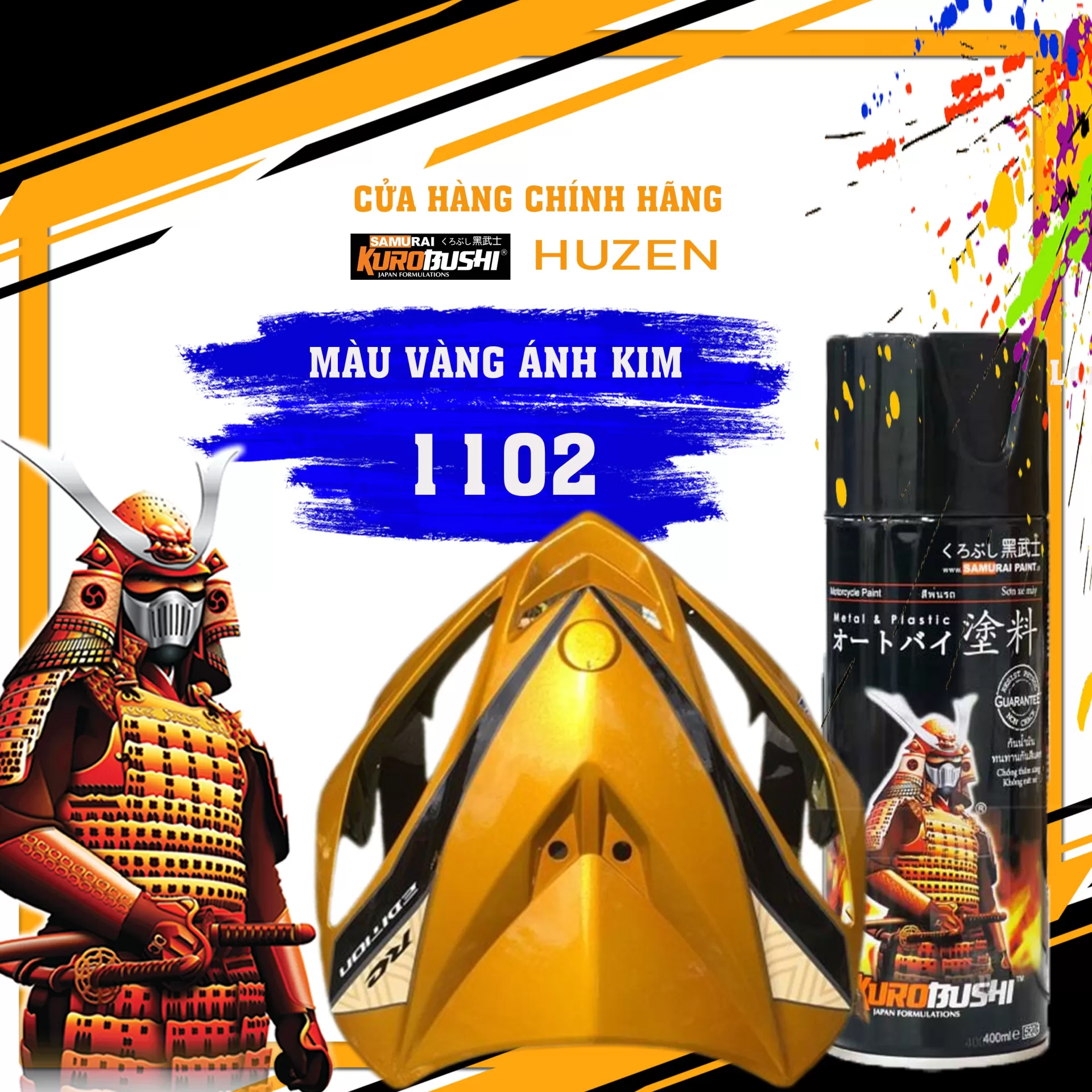 Sơn Xịt Samurai 1102 – Màu Vàng Đồng Cổ Sang Trọng, Chống Xăng, Bám Dính Cực Tốt