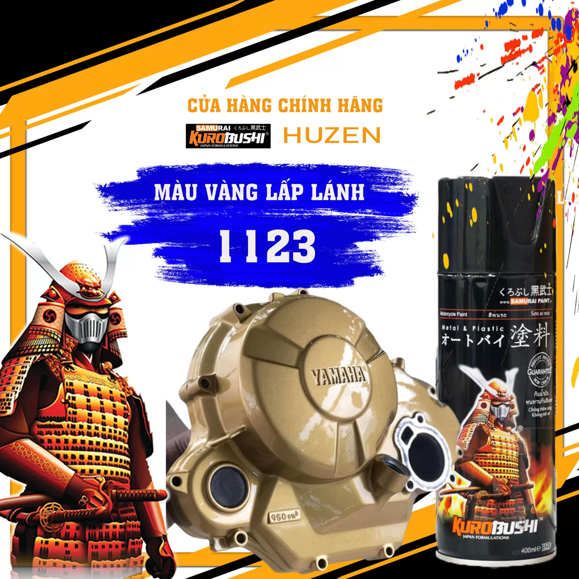 Sơn Xịt Samurai 1123 – Màu Vàng Đồng Sang Trọng, Chống Xăng, Bám Dính Cực Tốt