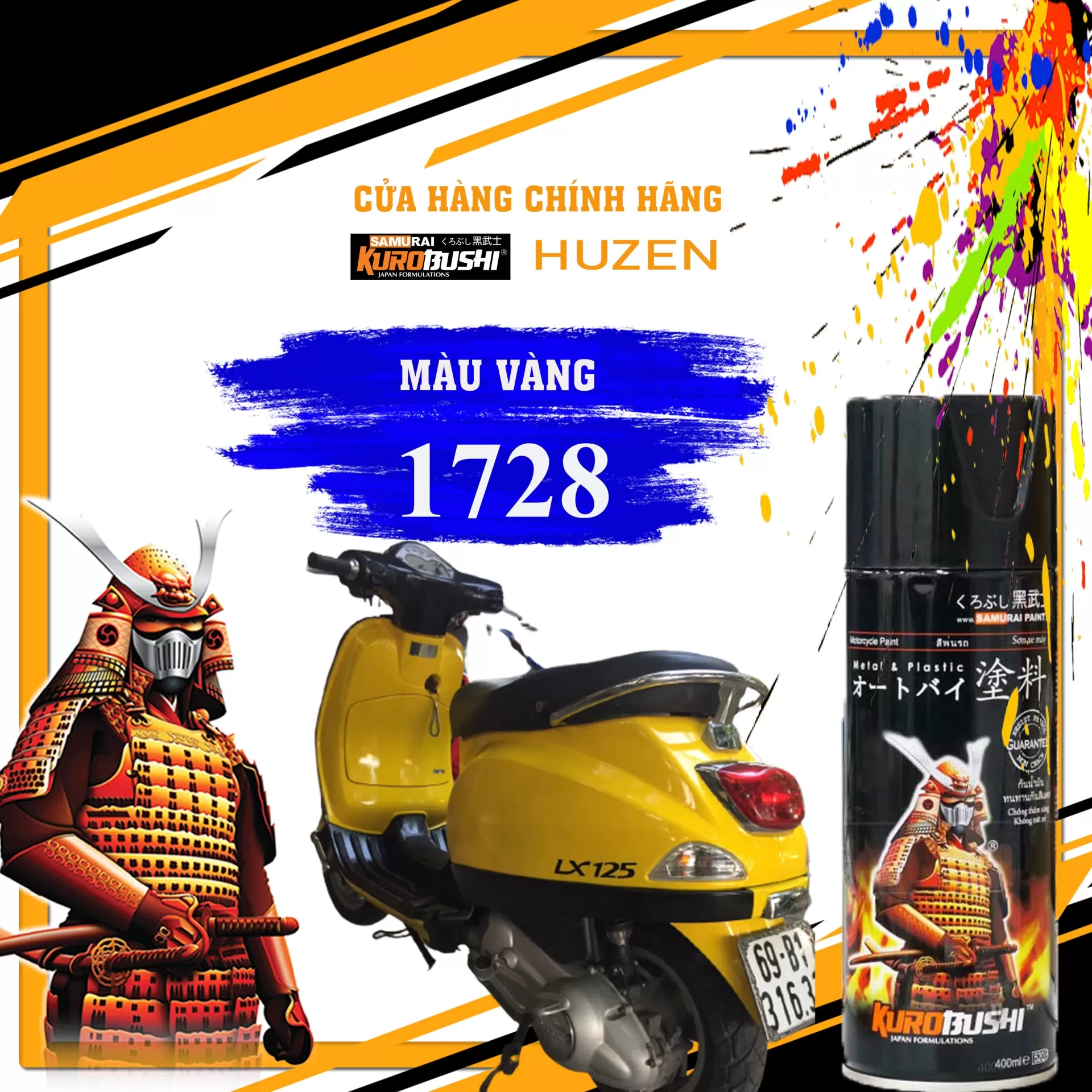 Sơn Xịt Samurai 1728 – Màu Vàng Tươi Rực Rỡ, Bám Dính Tốt, Chống Xăng Hiệu Quả