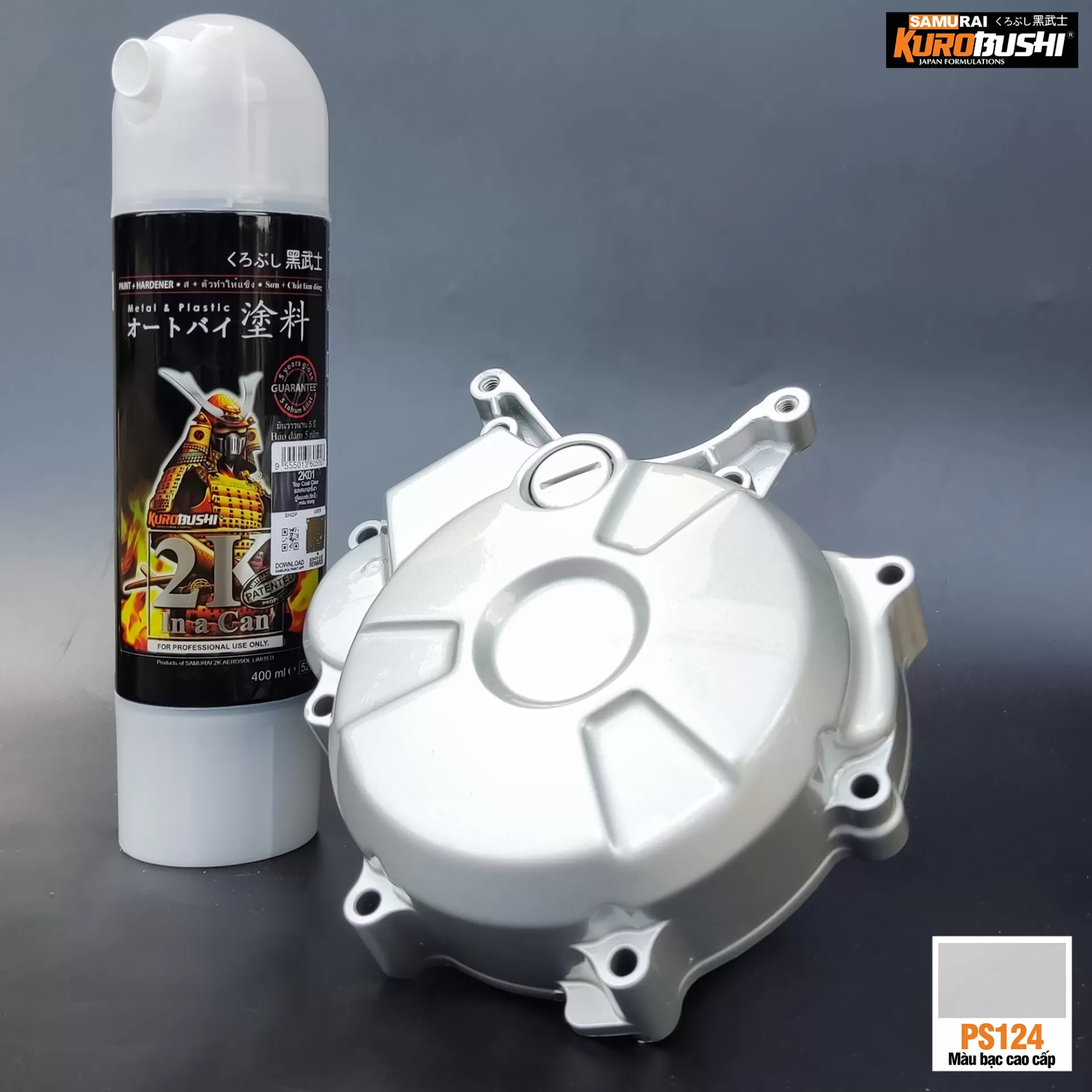 Sơn xịt Samurai PS124 màu bạc trơn – bề mặt nhẵn mịn, đều màu, khô nhanh, bám chắc