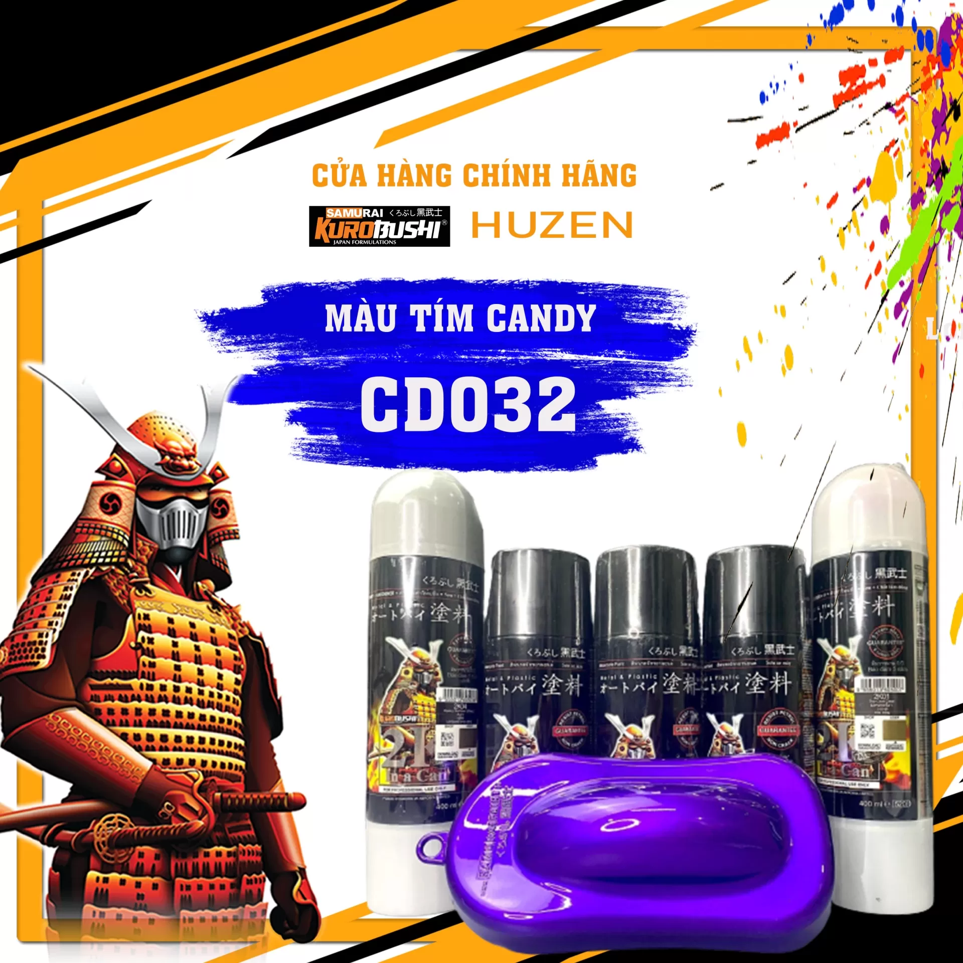 Sơn xịt Samurai CD032 – màu tím candy nổi bật, sắc tím độc đáo, khô nhanh, bám chắc, hiệu ứng chiều sâu