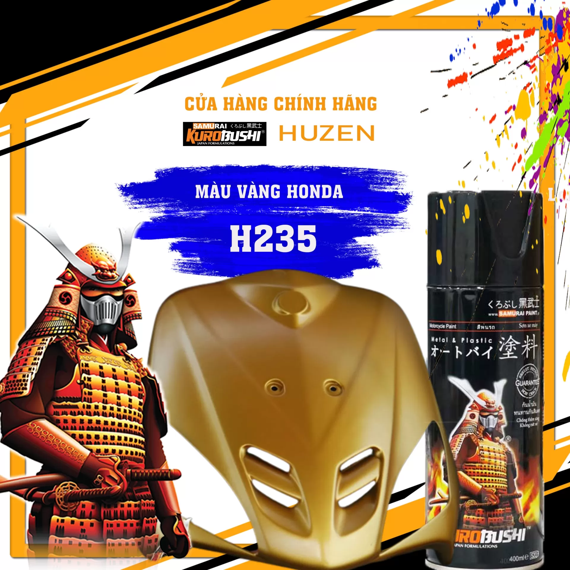 Sơn xịt Samurai H235 – màu vàng nổi bật, sắc vàng sáng rõ nét, khô nhanh, bám chắc, đều màu
