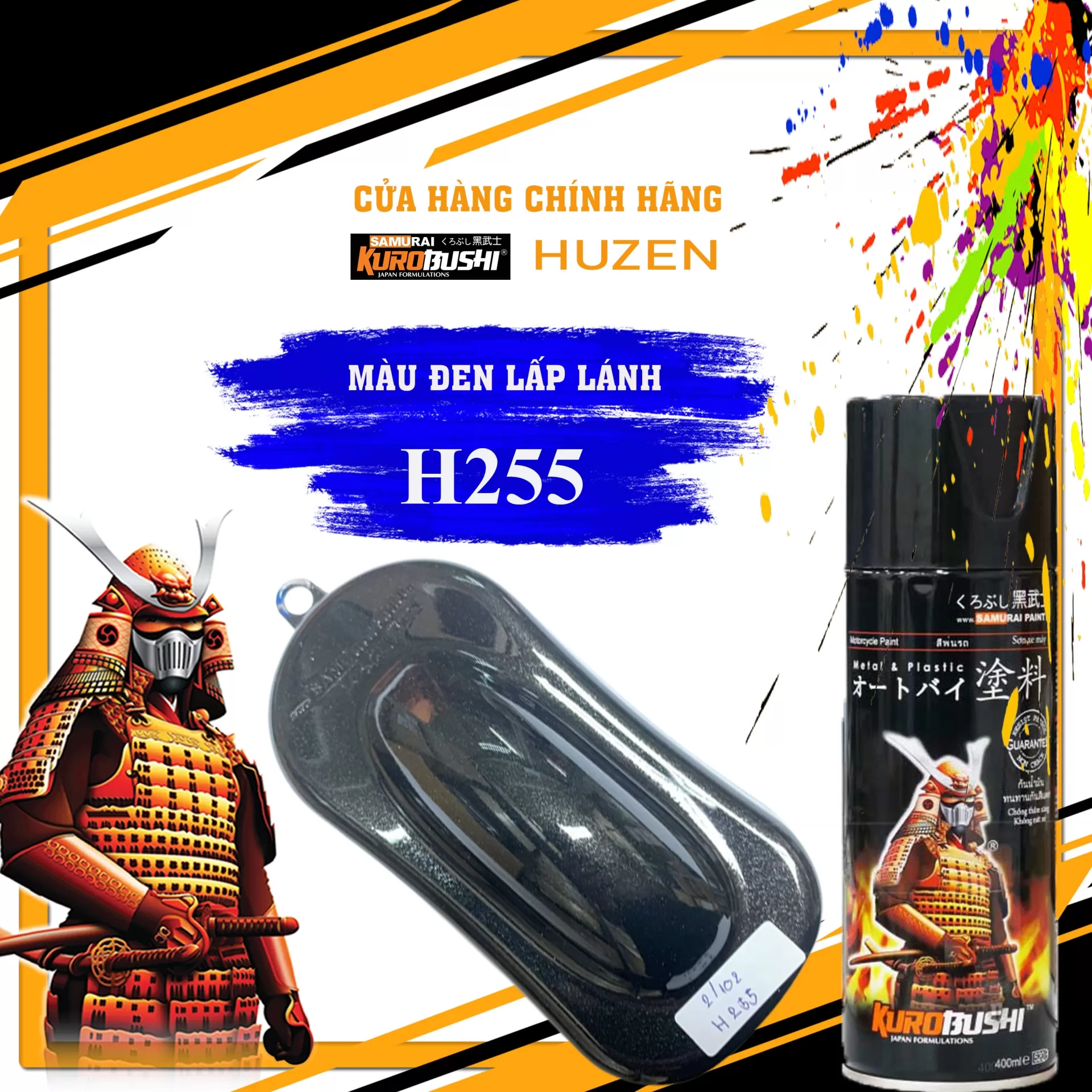 Sơn xịt Samurai H255 màu đen ánh kim – mạnh mẽ, bền đẹp, lên màu sang trọng