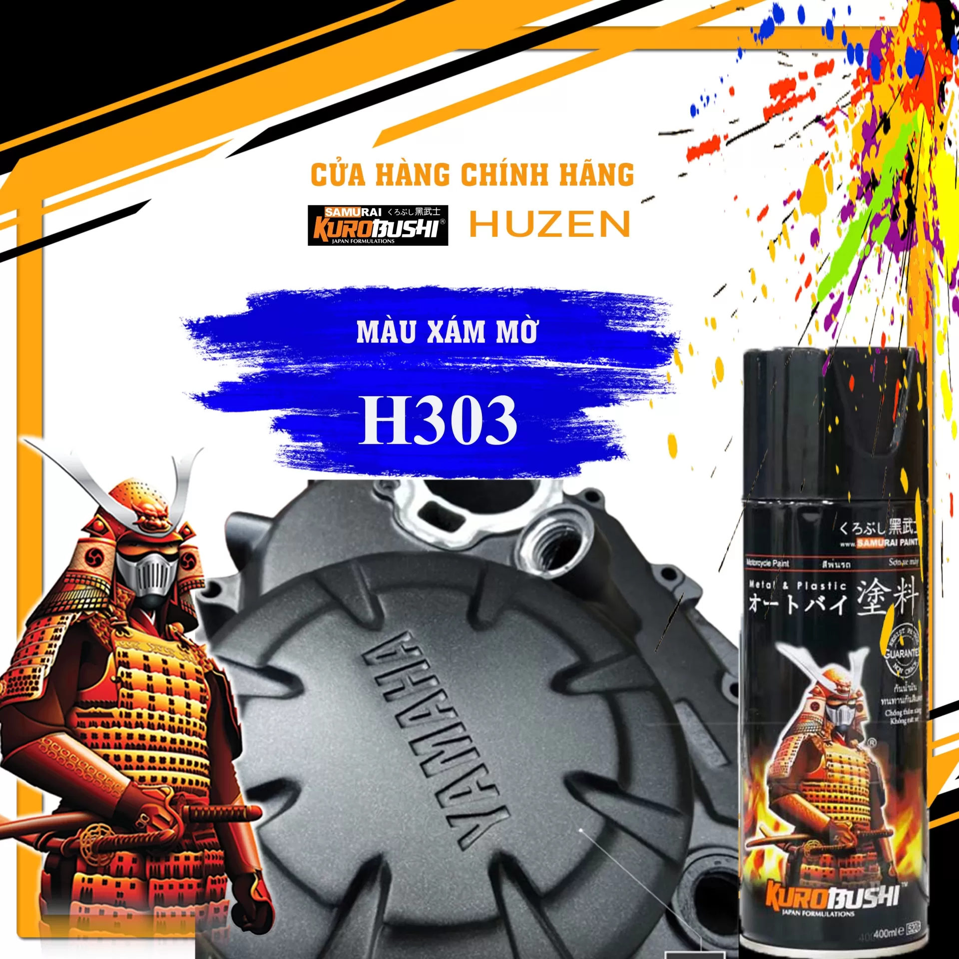 Sơn xịt Samurai H303 màu đen ánh kim mờ – cá tính, sang trọng, bền màu lâu dài