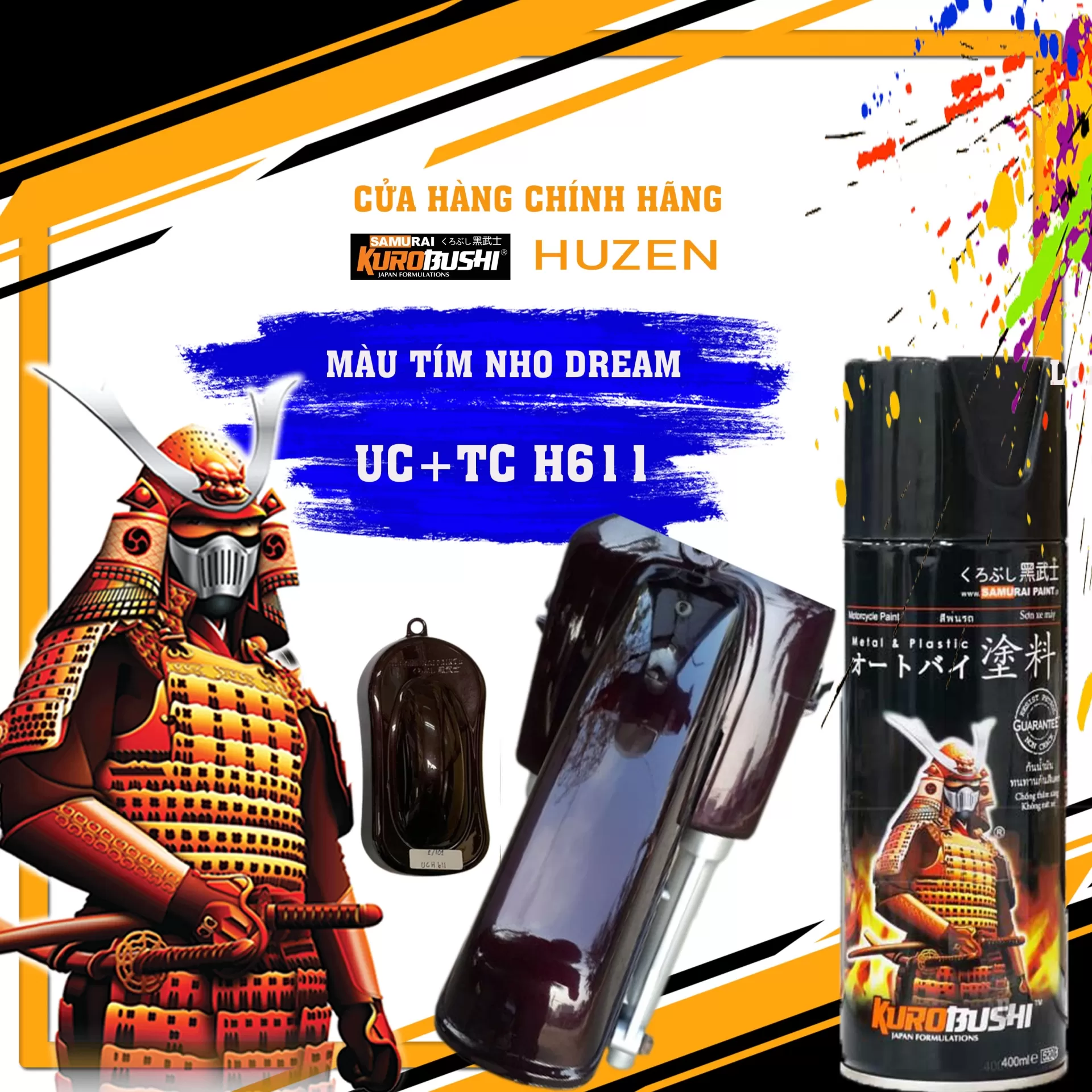 Sơn xịt Samurai UC+TCH611 – màu tím nho Dream, sắc tím mộng mơ, bóng đẹp, đều màu, khô nhanh, bám chắc