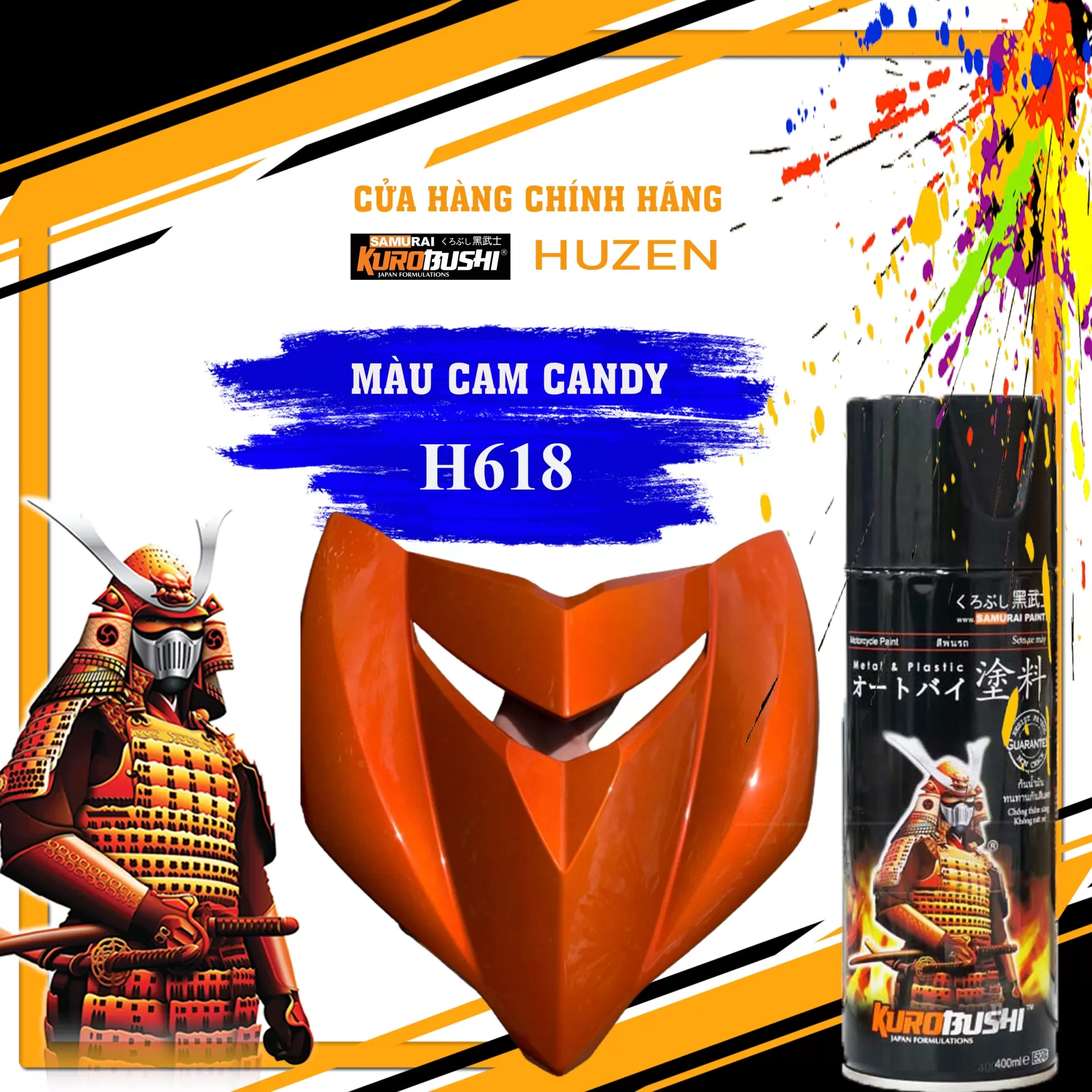 Sơn xịt Samurai H618 – màu cam nổi bật, sắc cam rực rỡ, đều màu, bám chắc, khô nhanh, dễ sử dụng