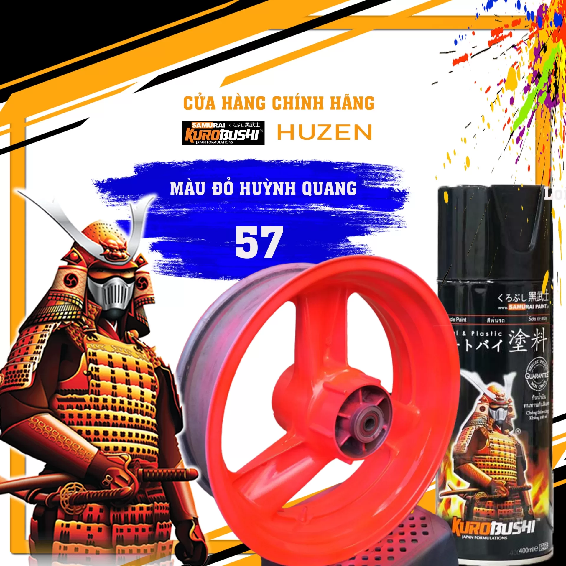 Sơn xịt Samurai 57 màu đỏ huỳnh quang – phát sáng nổi bật, bám tốt, khô nhanh, thu hút ánh nhìn