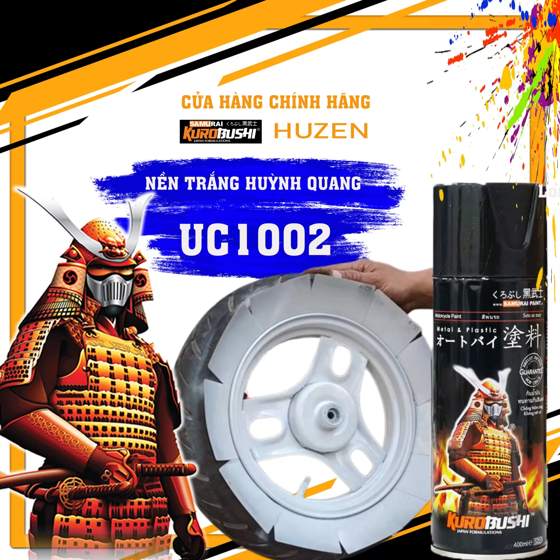 Sơn xịt Samurai UC1002 nền trắng huỳnh quang – phát sáng ban đêm, bảo vệ bề mặt, khô nhanh