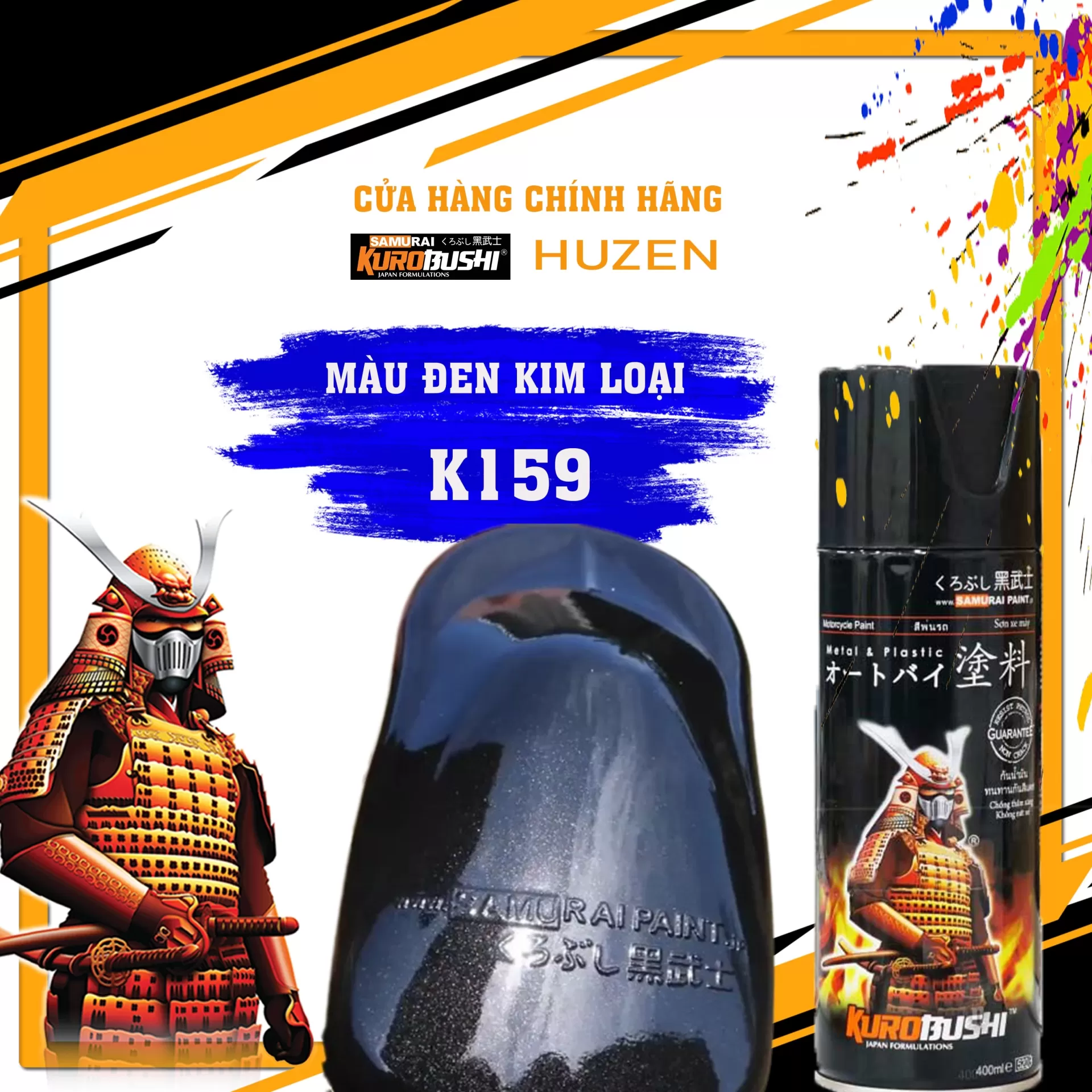 Sơn xịt Samurai K159 màu đen ánh kim – sang trọng, mạnh mẽ, bám chắc, khô nhanh