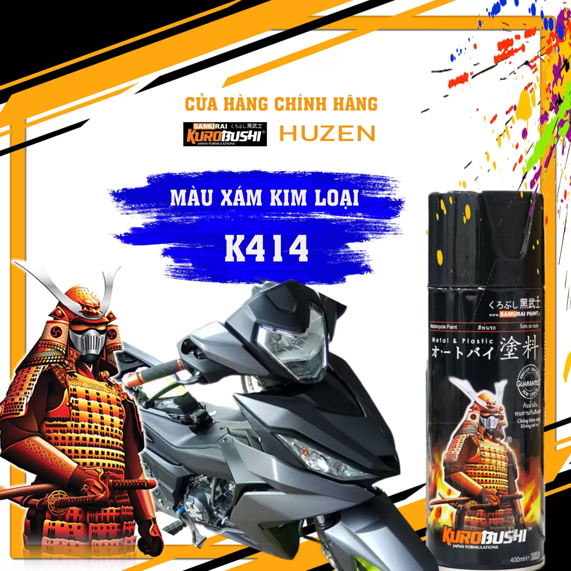 Sơn xịt Samurai K414 màu xám ánh kim – hiện đại, sắc nét, khô nhanh, bám chắc