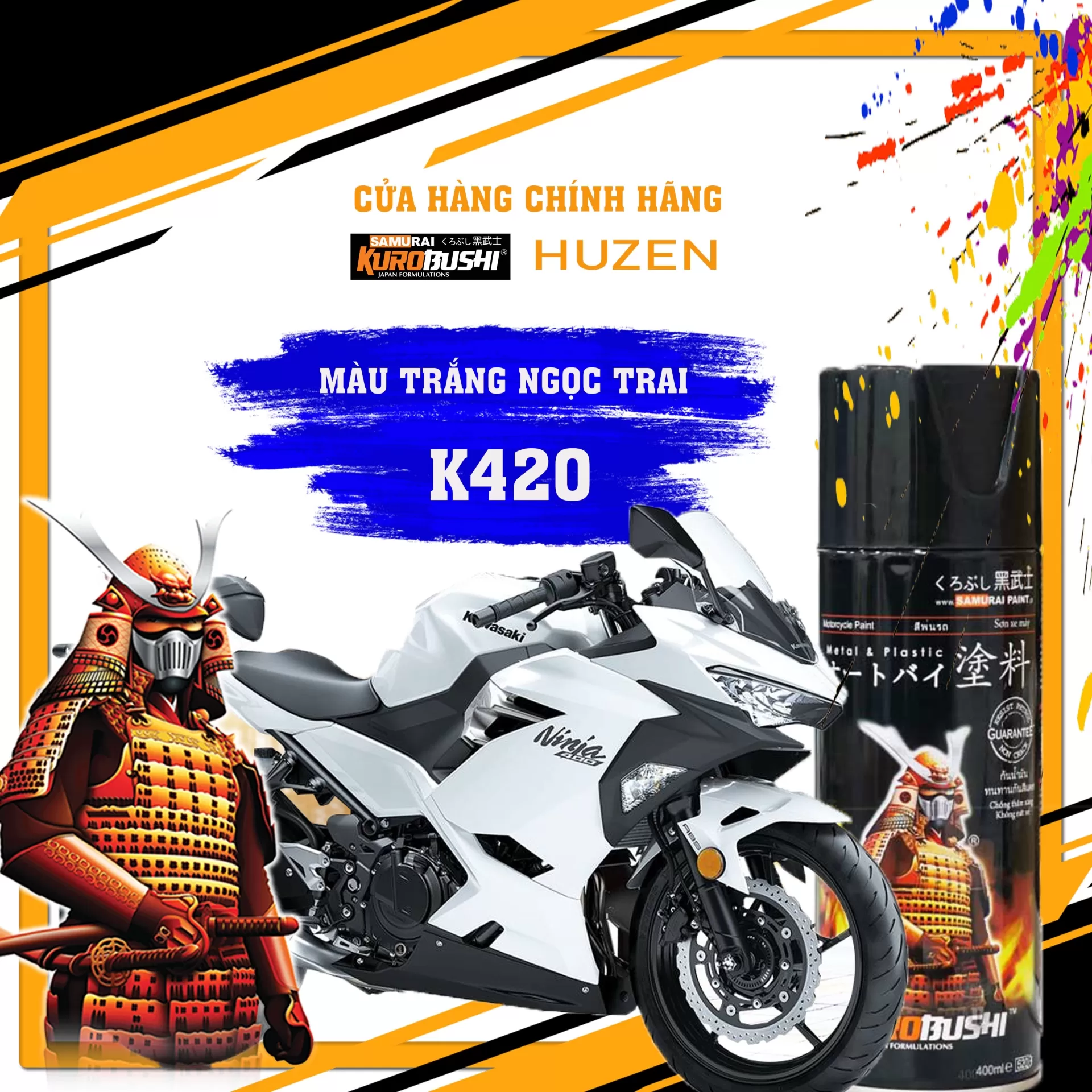 Sơn xịt Samurai K420 màu trắng ánh kim – tinh tế, sang trọng, bám tốt, khô nhanh