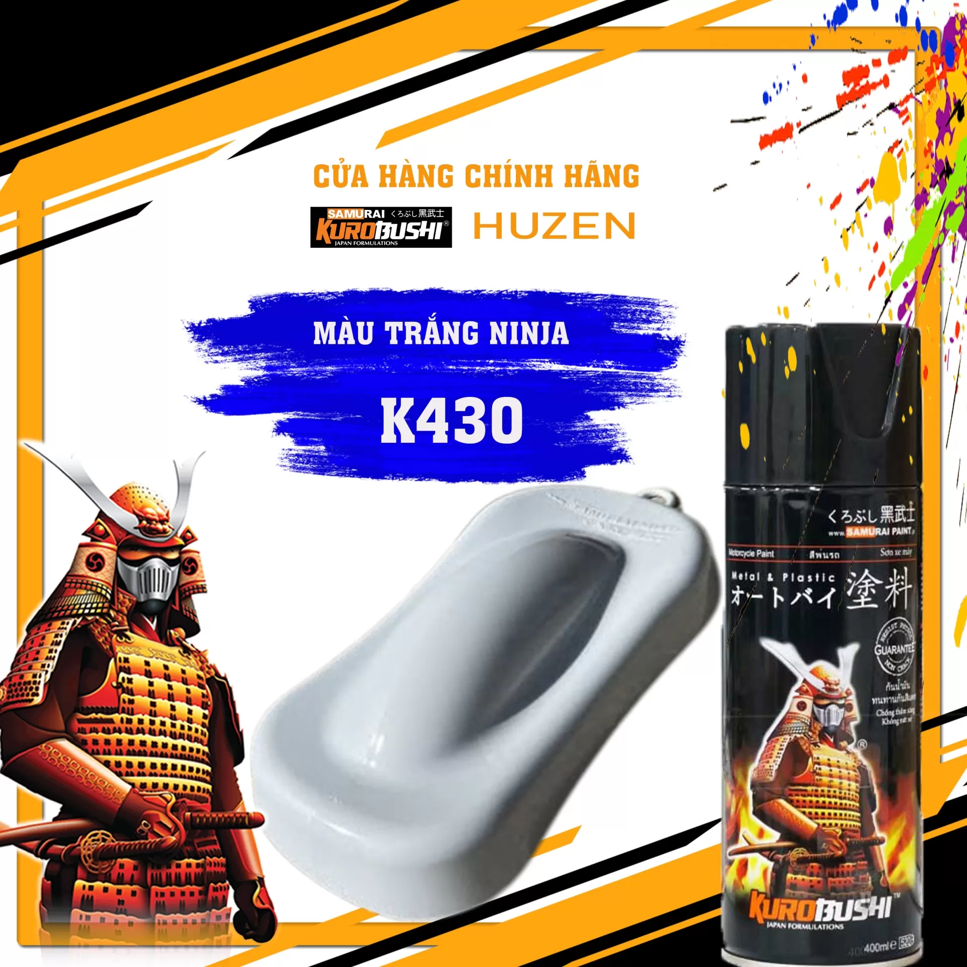 Sơn xịt Samurai K430 – màu trắng ánh kim sang trọng, bề mặt sáng đẹp, bám chắc, khô nhanh, lên màu đều