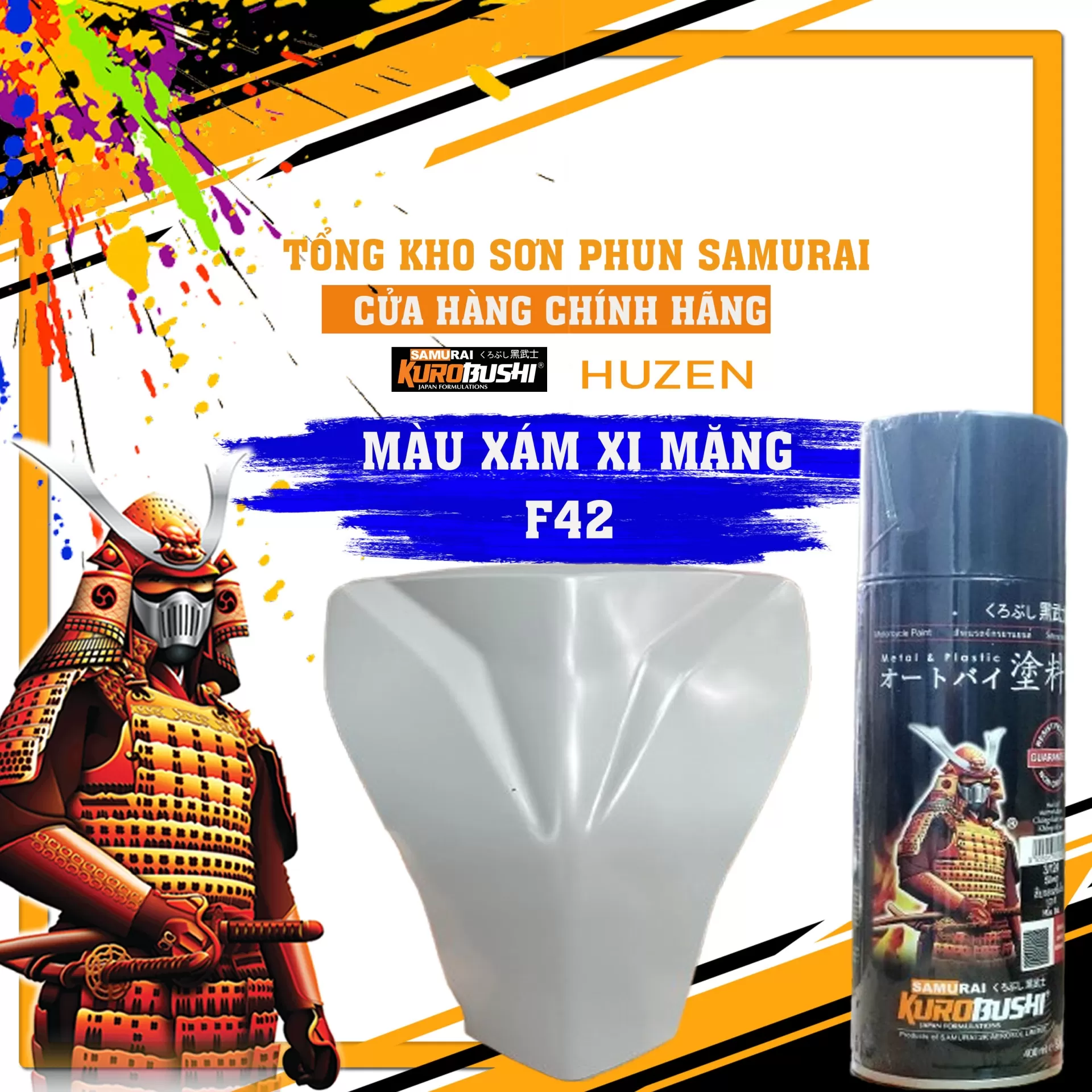 Sơn xịt Samurai F42 – màu xám xi măng hiện đại, đều màu, bám chắc, khô nhanh, phù hợp nhiều phong cách
