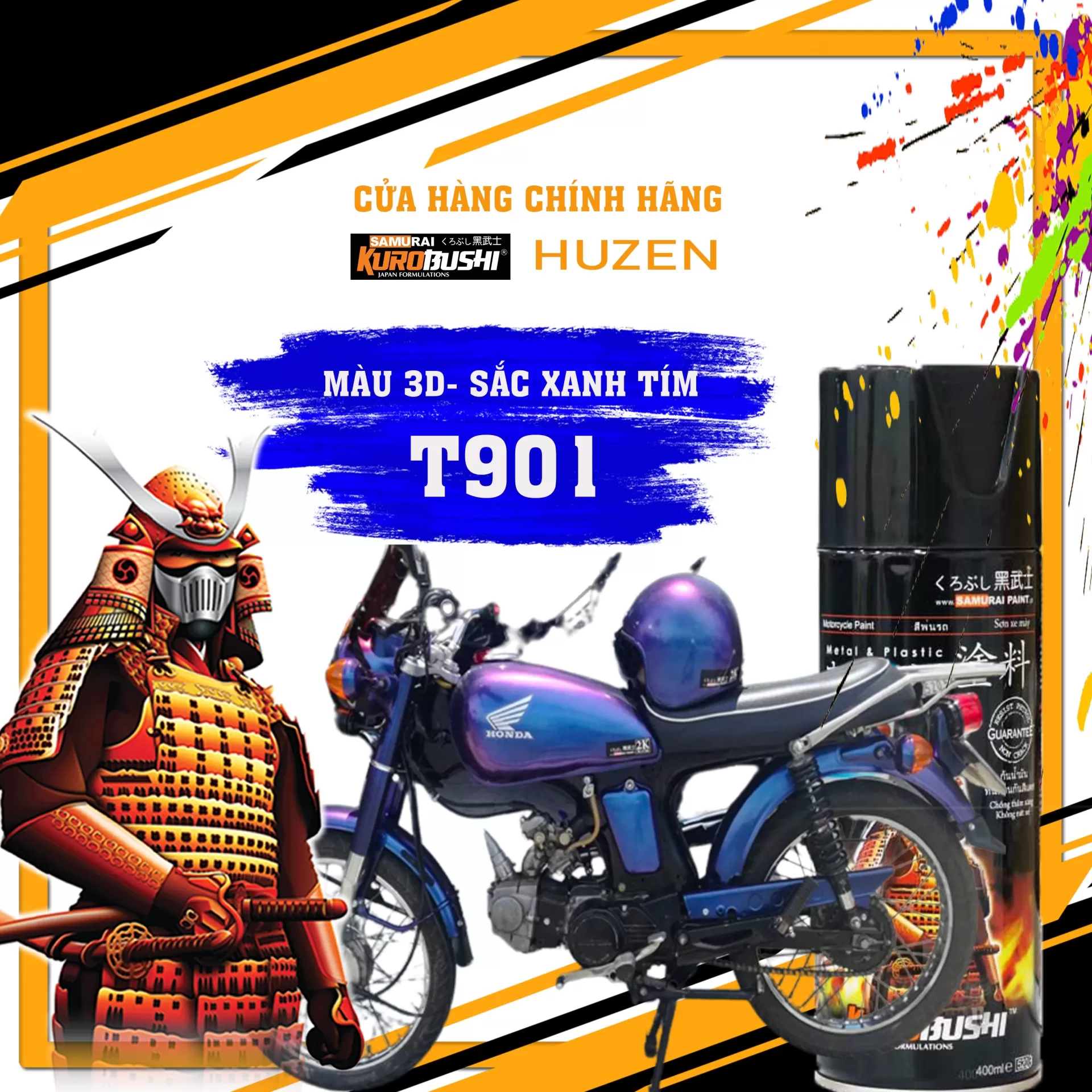 Sơn xịt Samurai 3D-T901 màu xanh tím – hiệu ứng đổi màu ánh kim độc đáo, phản chiếu ánh sáng, bóng đẹp, bám chắc