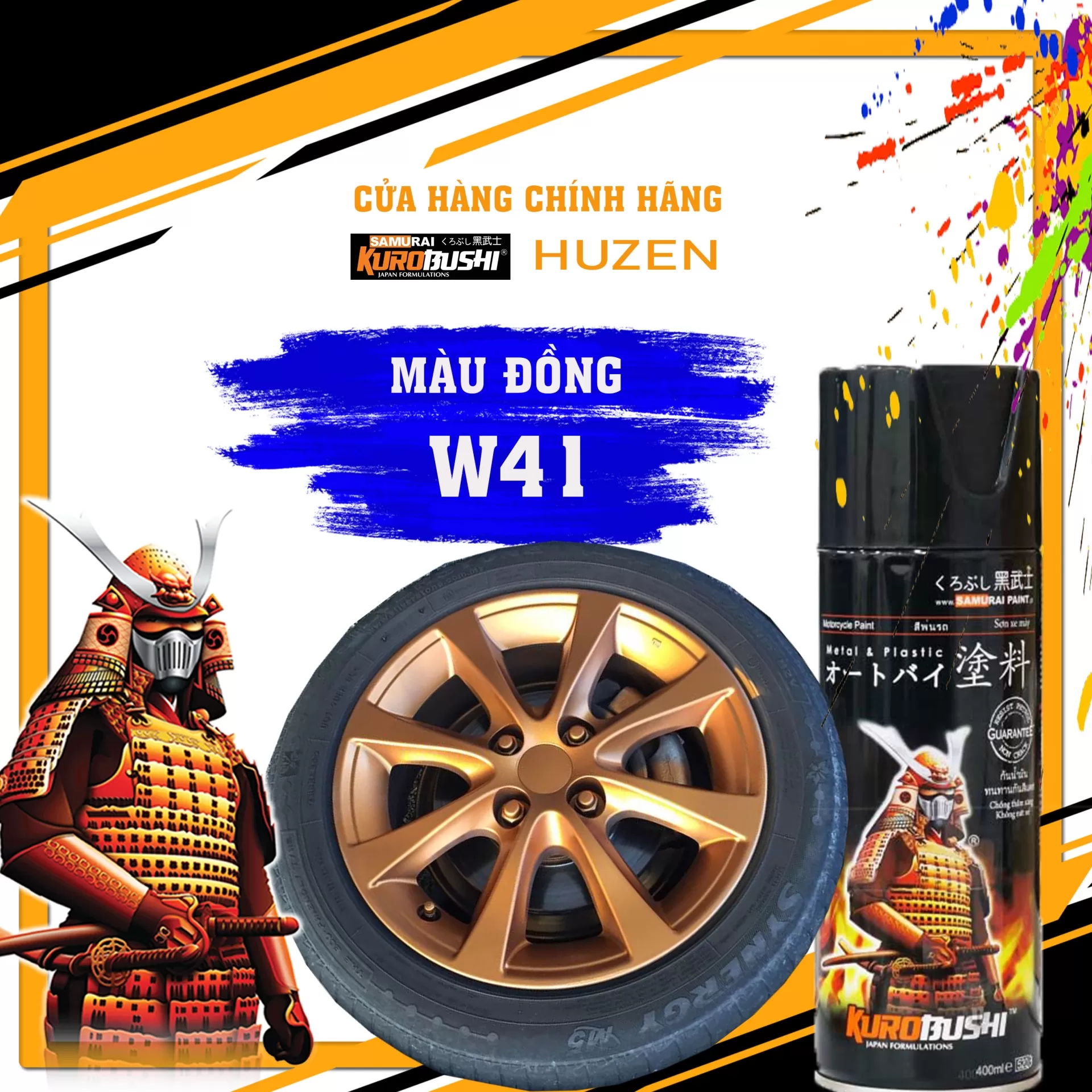 Sơn xịt Samurai W41 màu vàng ánh kim – nổi bật, sang trọng, bám tốt, khô nhanh