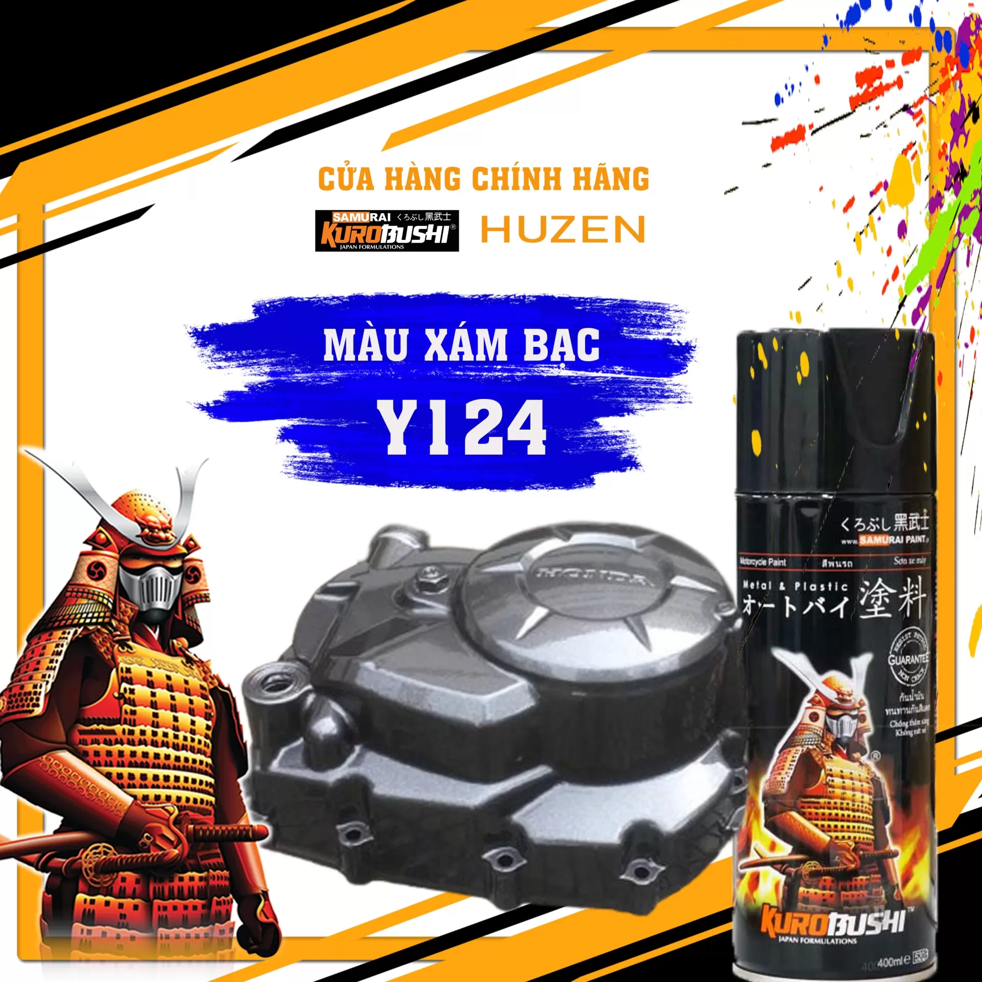 Sơn xịt Samurai Y124 màu xám bạc ánh kim – sáng bóng, bền màu, bám chắc, khô nhanh