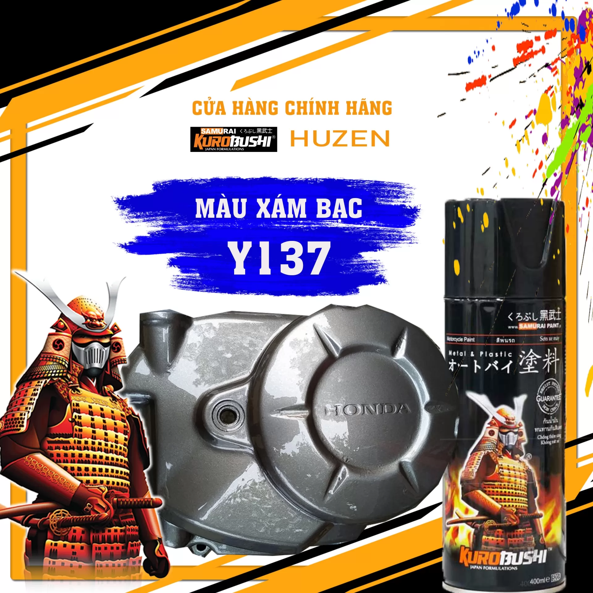 Sơn xịt Samurai Y137 màu xám bạc ánh kim – ánh bạc mạnh, đều màu, khô nhanh, bám chắc