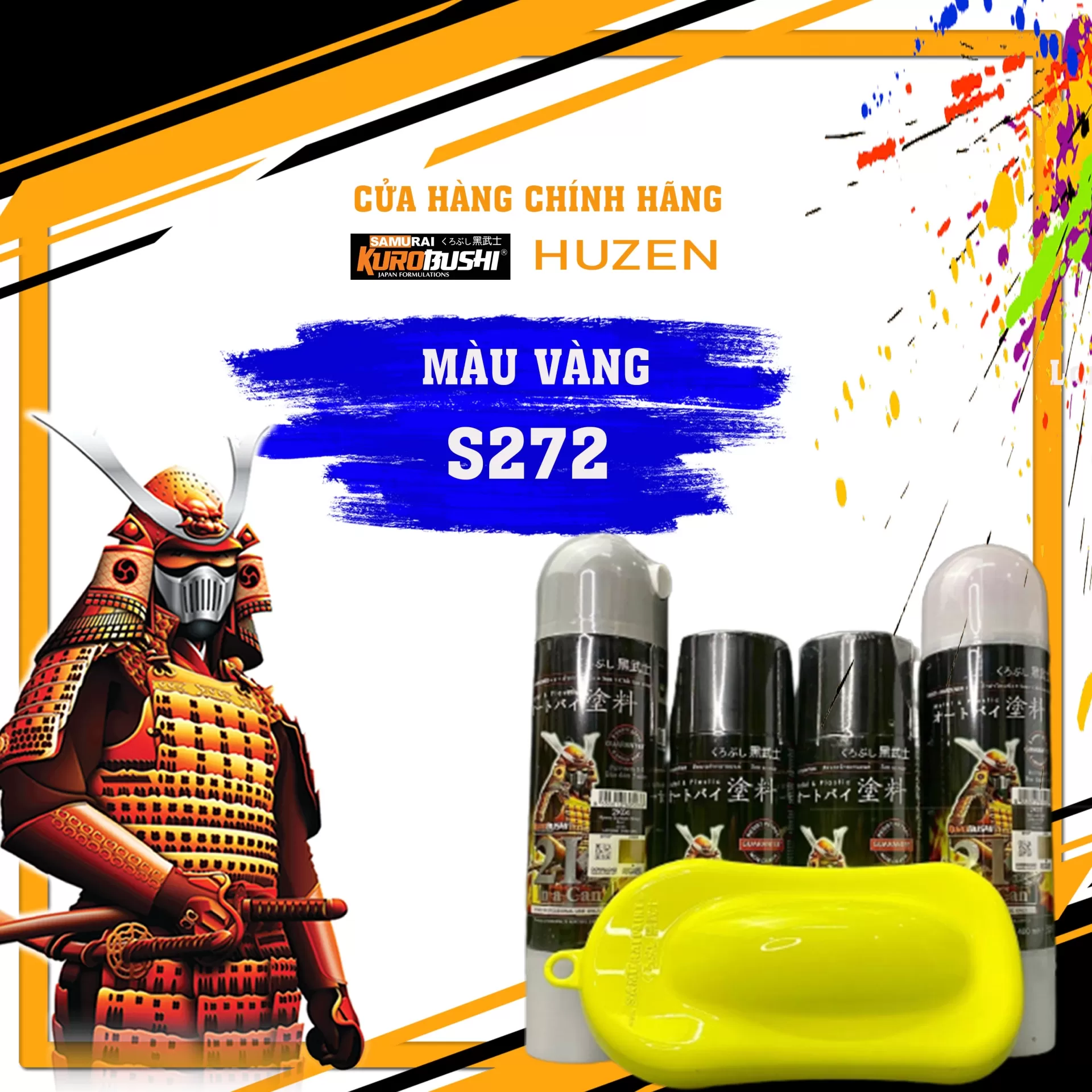 Sơn xịt Samurai S272 – màu vàng nổi bật, sắc vàng tươi rõ nét, khô nhanh, bám chắc, đều màu