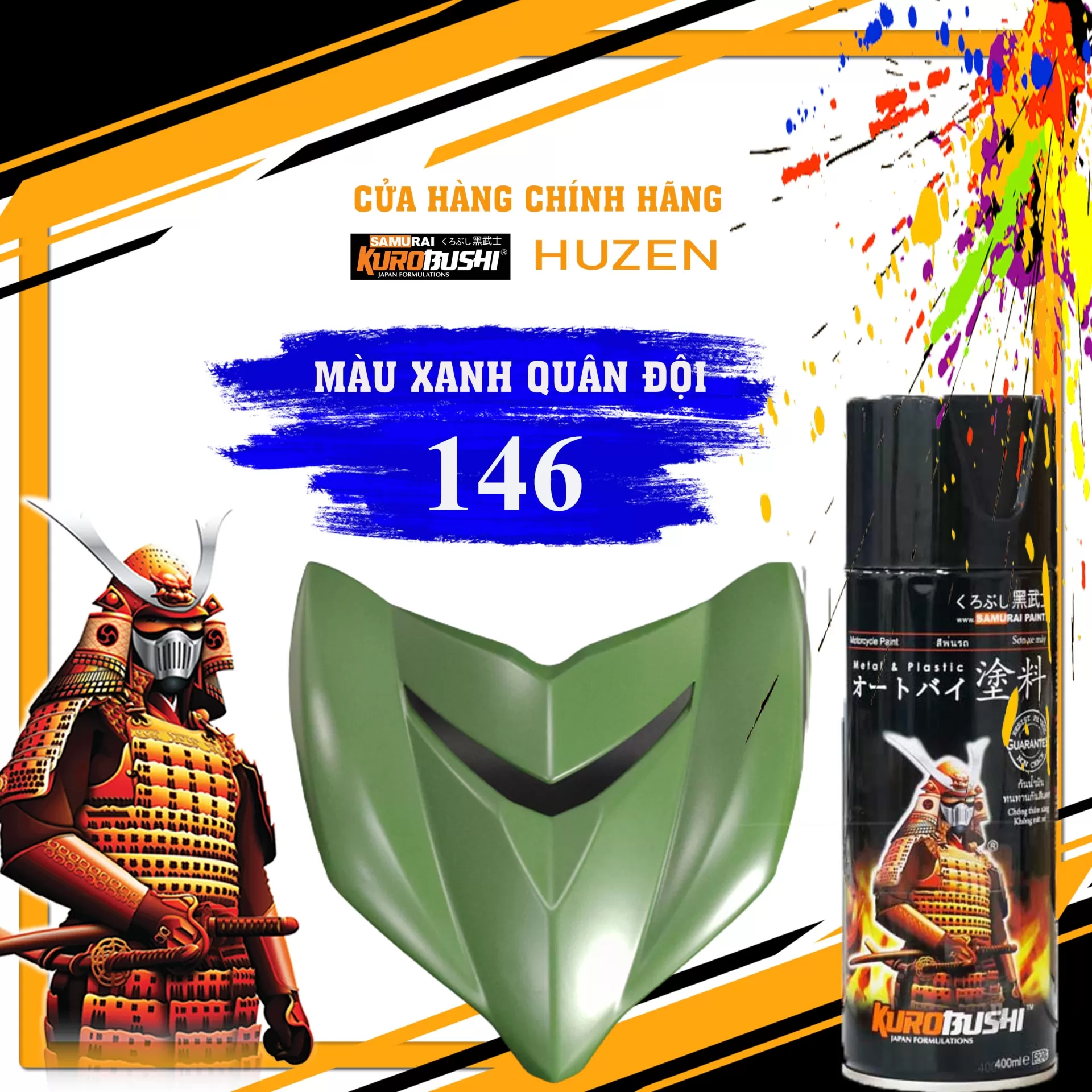 Sơn xịt Samurai 146 – màu xanh quân đội cổ điển, mạnh mẽ, bám tốt, khô nhanh, phù hợp xe máy và đồ DIY