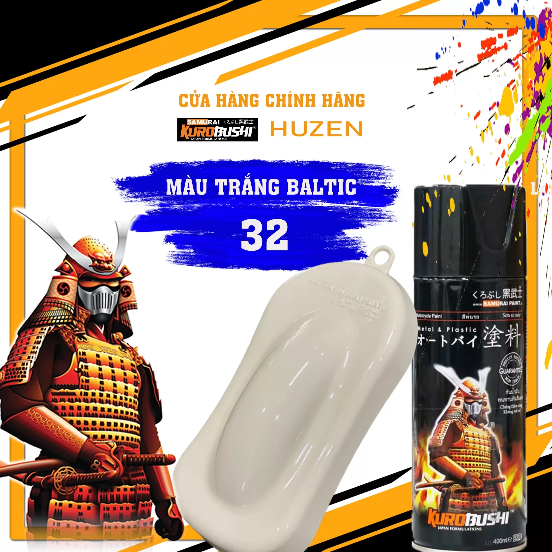 Sơn xịt Samurai 32 – màu trắng Baltic trơn, sắc trắng lạnh sang trọng, khô nhanh, bám chắc