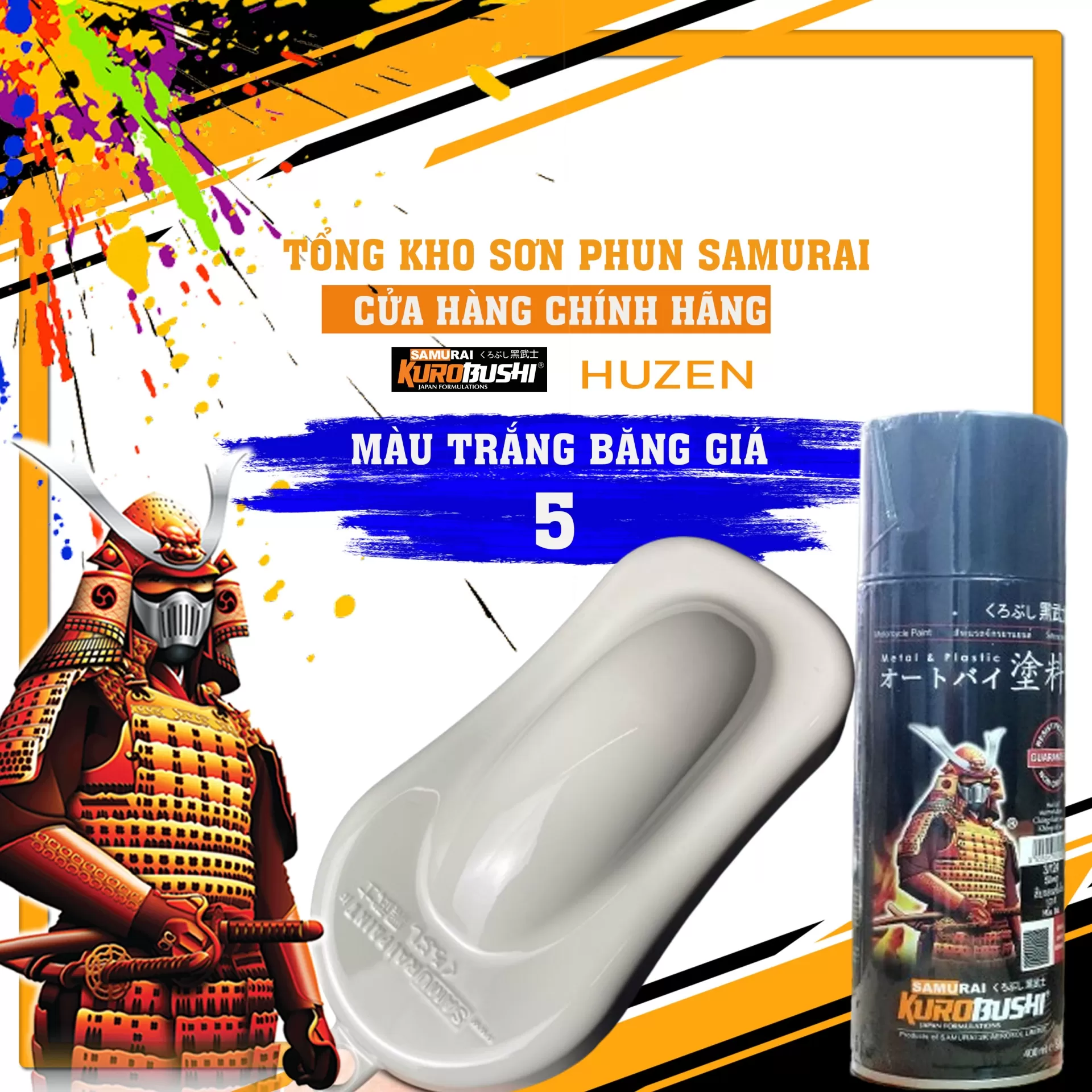 Sơn xịt Samurai 5 – màu trắng Bắc Cực trơn, sắc trắng tinh khiết, bề mặt mịn đẹp, khô nhanh, bám chắc