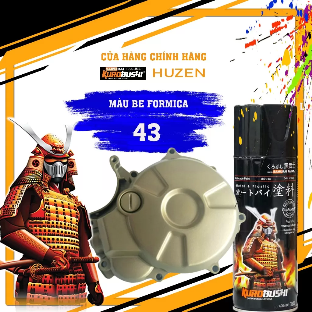 Sơn xịt Samurai 43 – màu be trơn trung tính, nhã nhặn, dễ phối màu, bám tốt, khô nhanh