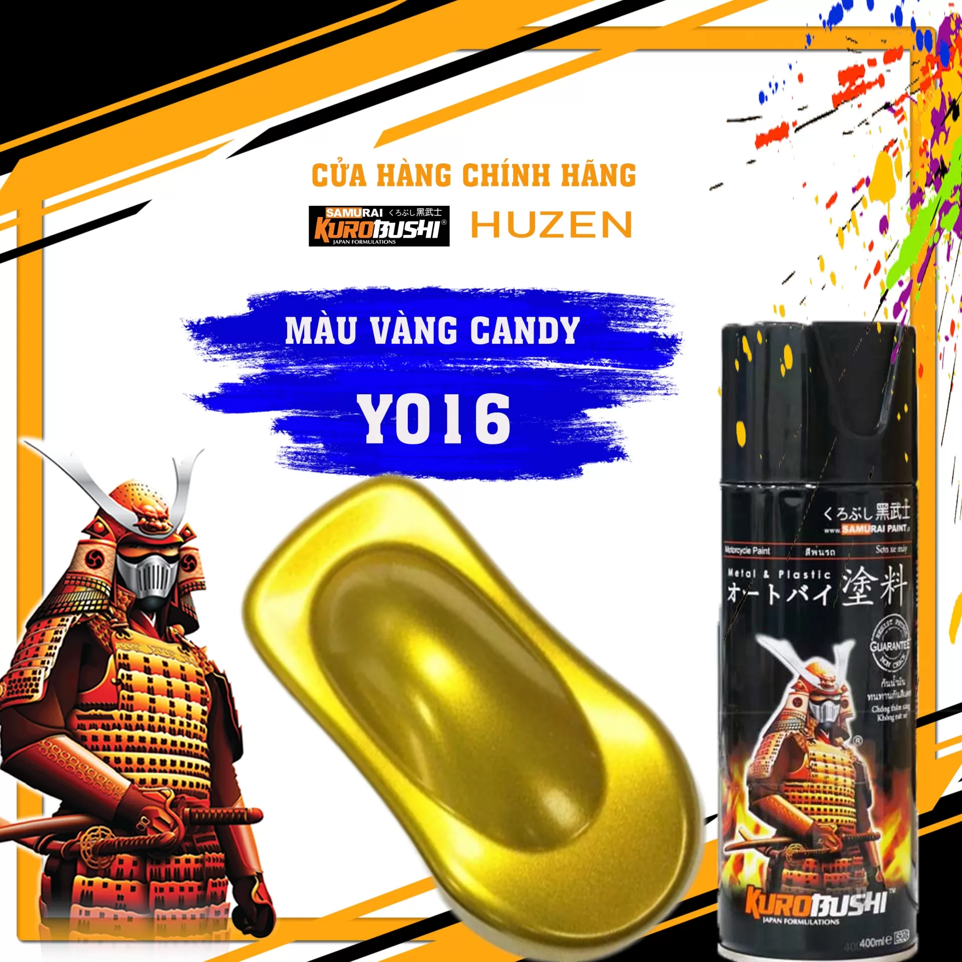 Sơn xịt Samurai Y016 màu vàng candy – rực rỡ, trong suốt, bám chắc, khô nhanh