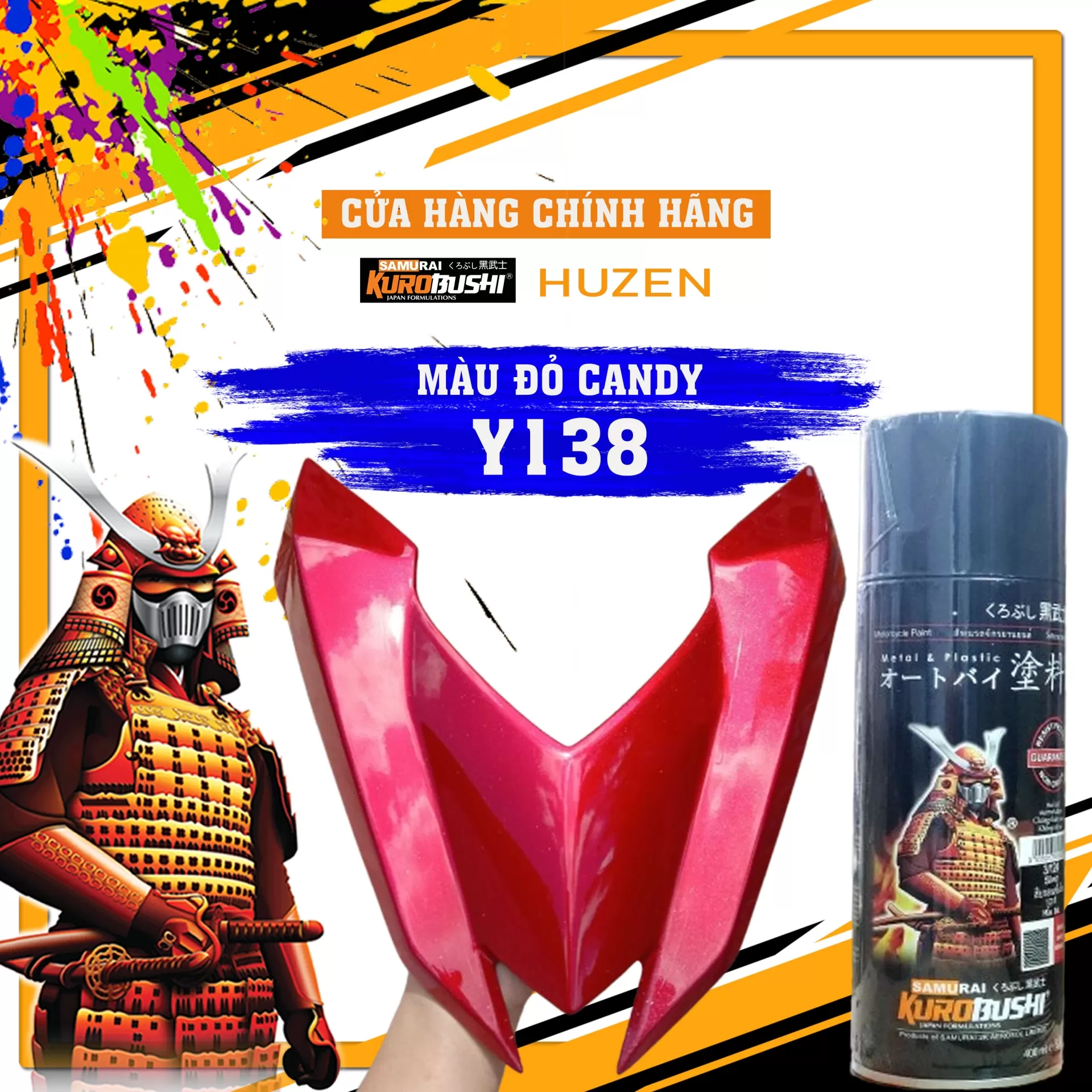 Sơn xịt Samurai Y138 màu đỏ ánh kim – rực rỡ, cá tính, bám dính tốt, khô nhanh