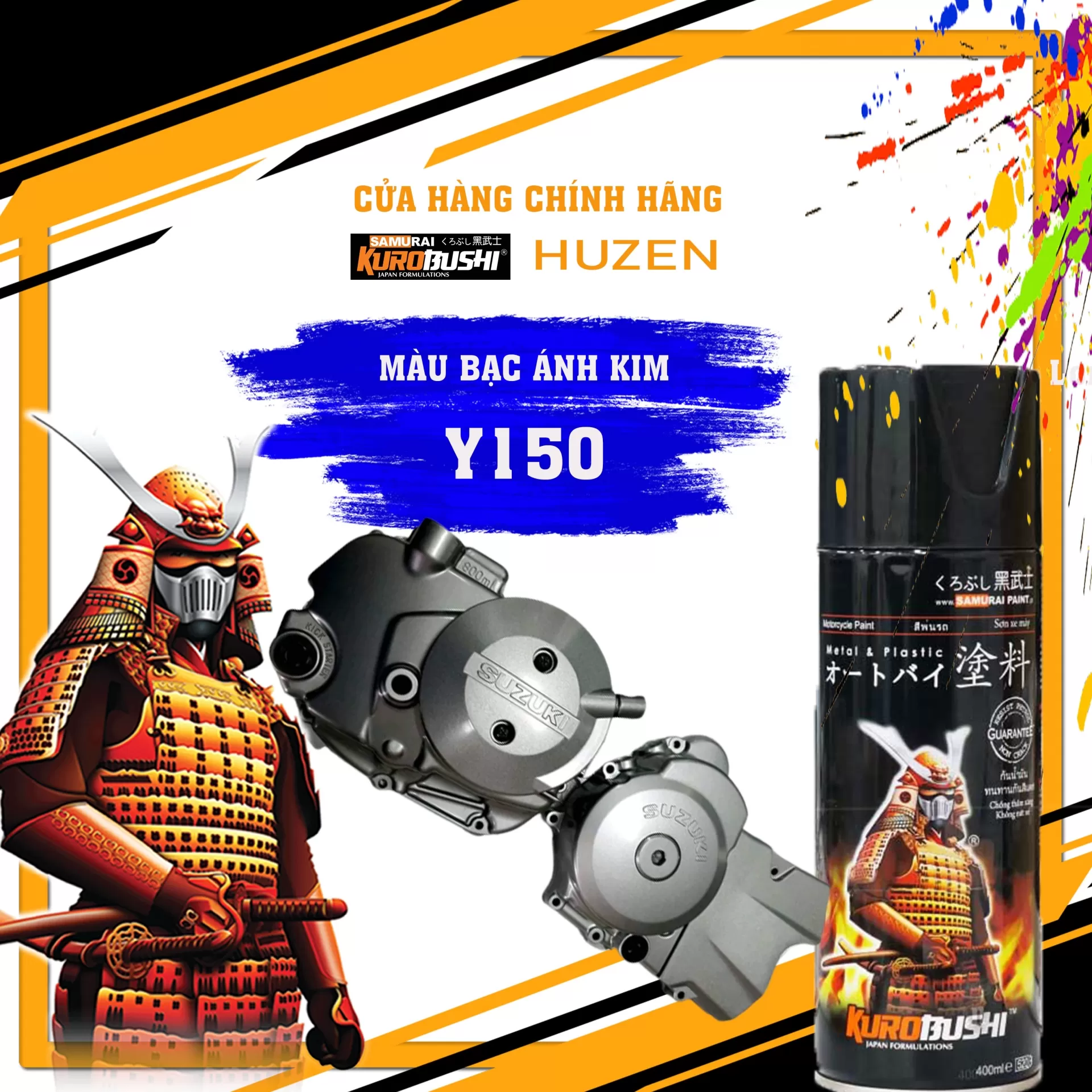 Sơn xịt Samurai Y150 – màu bạc ánh kim, sáng đẹp, bám chắc, khô nhanh, bắt sáng tốt