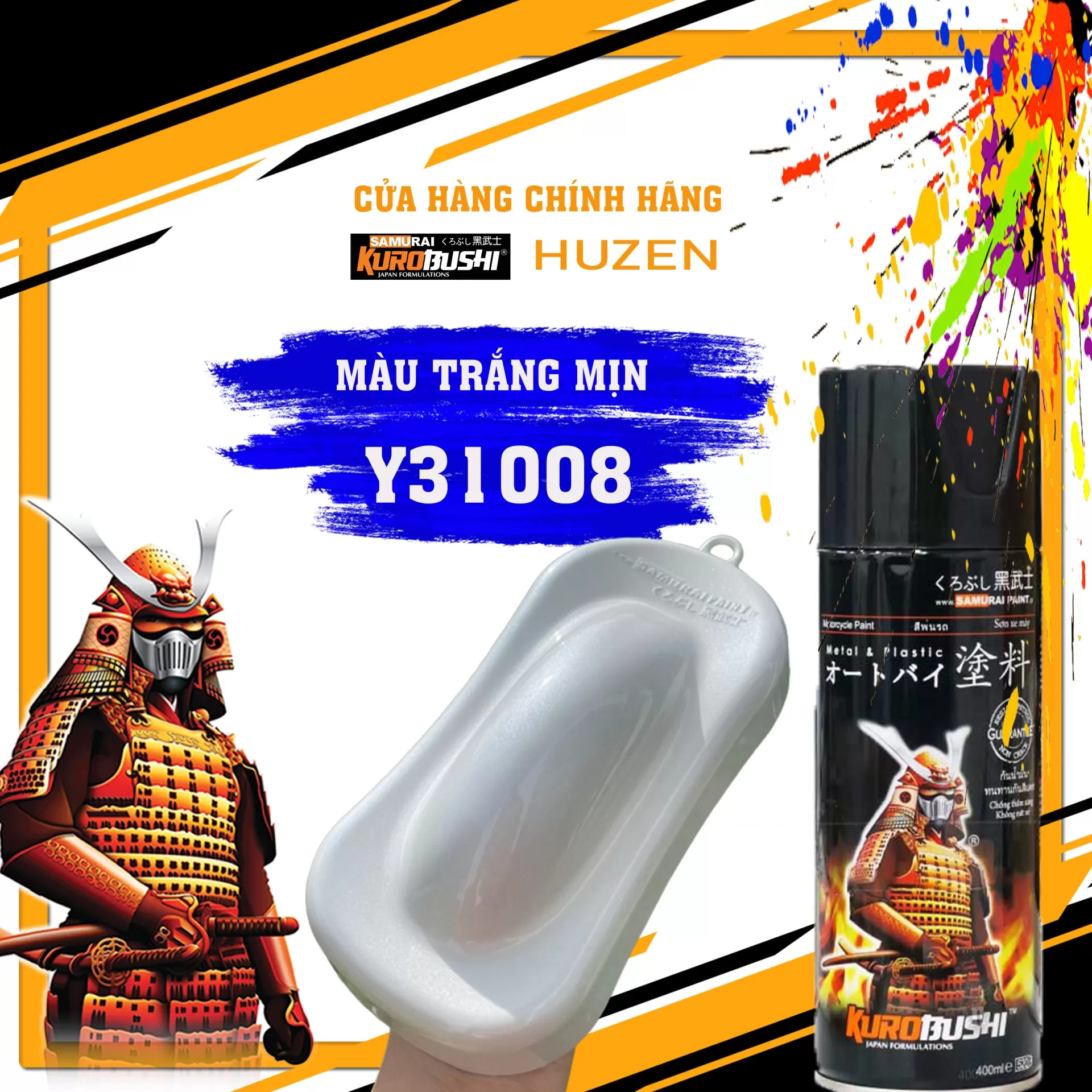 Sơn xịt Samurai Y31008 màu trắng ánh kim – tinh tế, nổi bật, khô nhanh, bám tốt