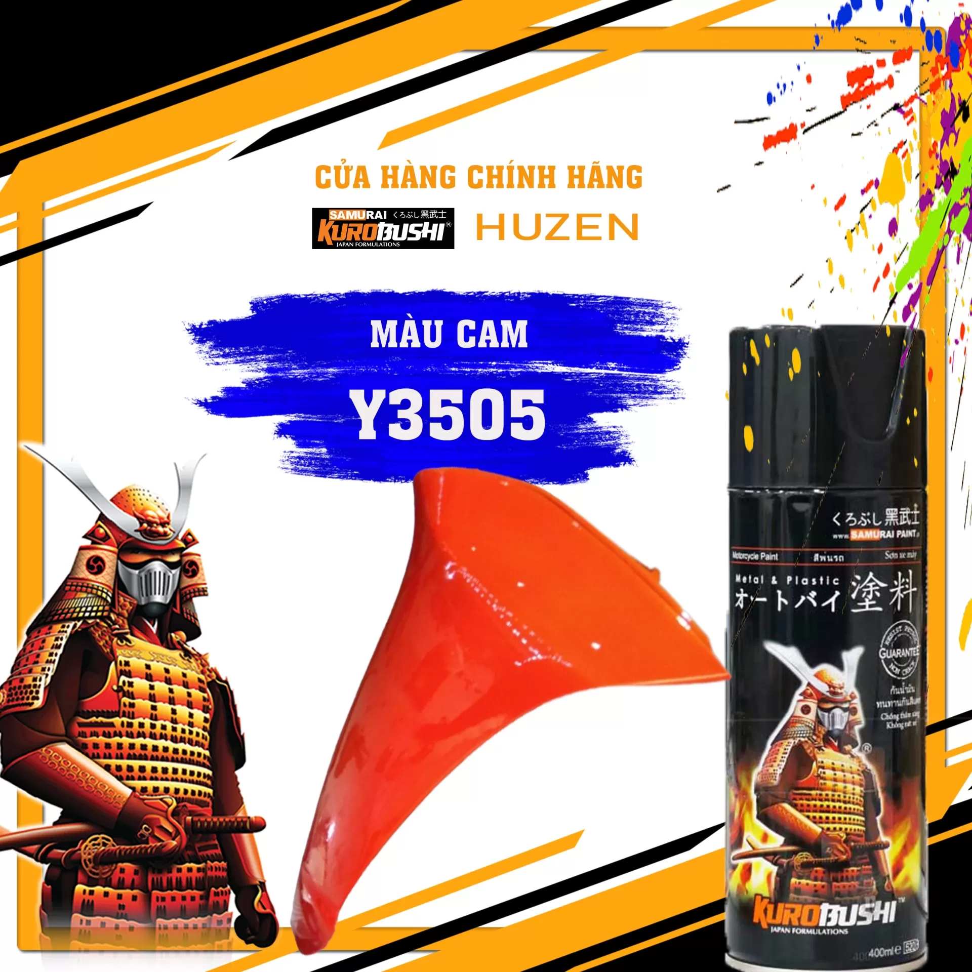 Sơn xịt Samurai Y3505 màu cam ánh kim – nổi bật, rực rỡ, bám tốt, khô nhanh