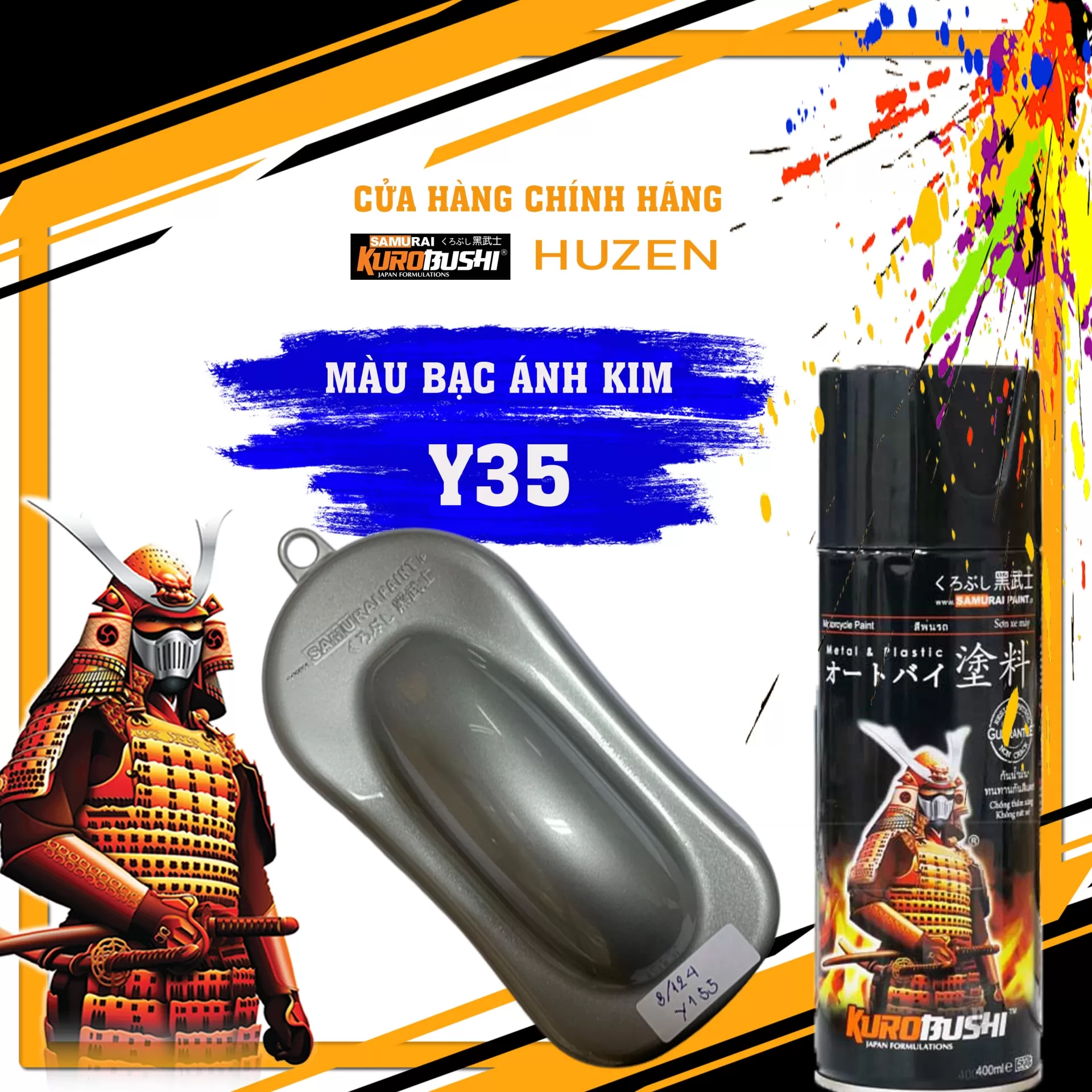 Sơn xịt Samurai Y35 màu bạc ánh kim – sáng bóng, hiện đại, bám dính tốt, khô nhanh