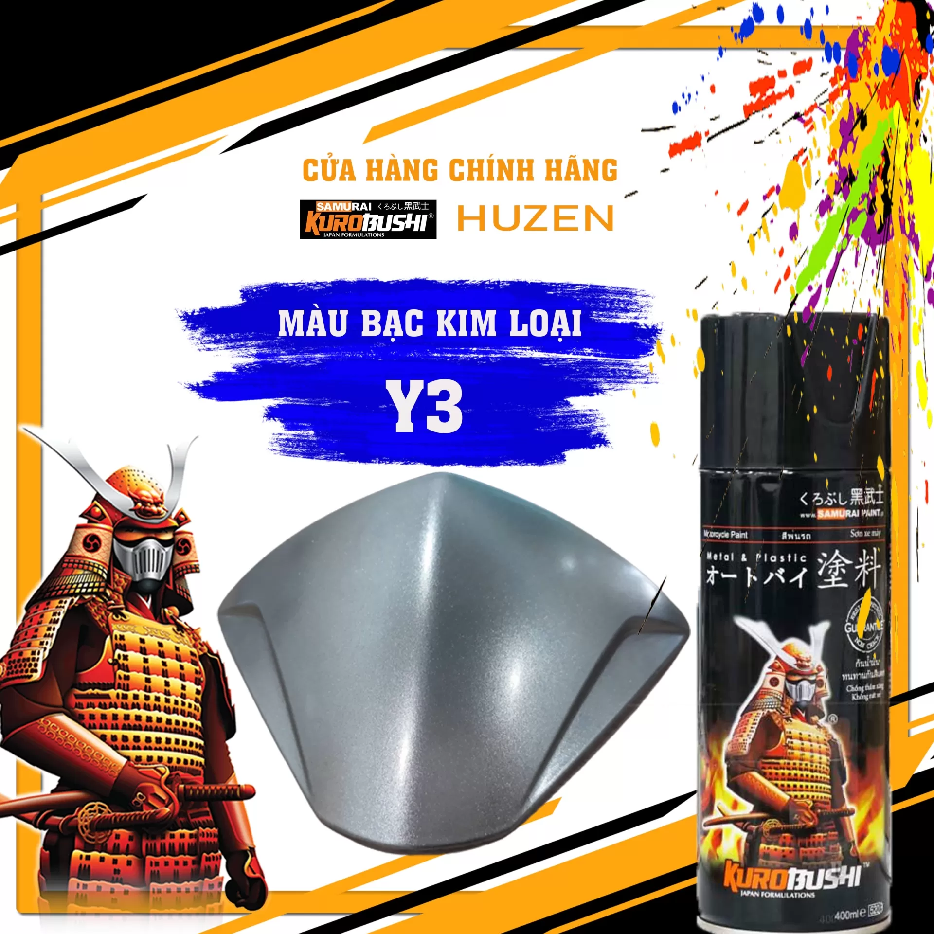 Sơn xịt Samurai Y3 màu bạc ánh kim – sáng bóng, sang trọng, bám chắc, nhanh khô