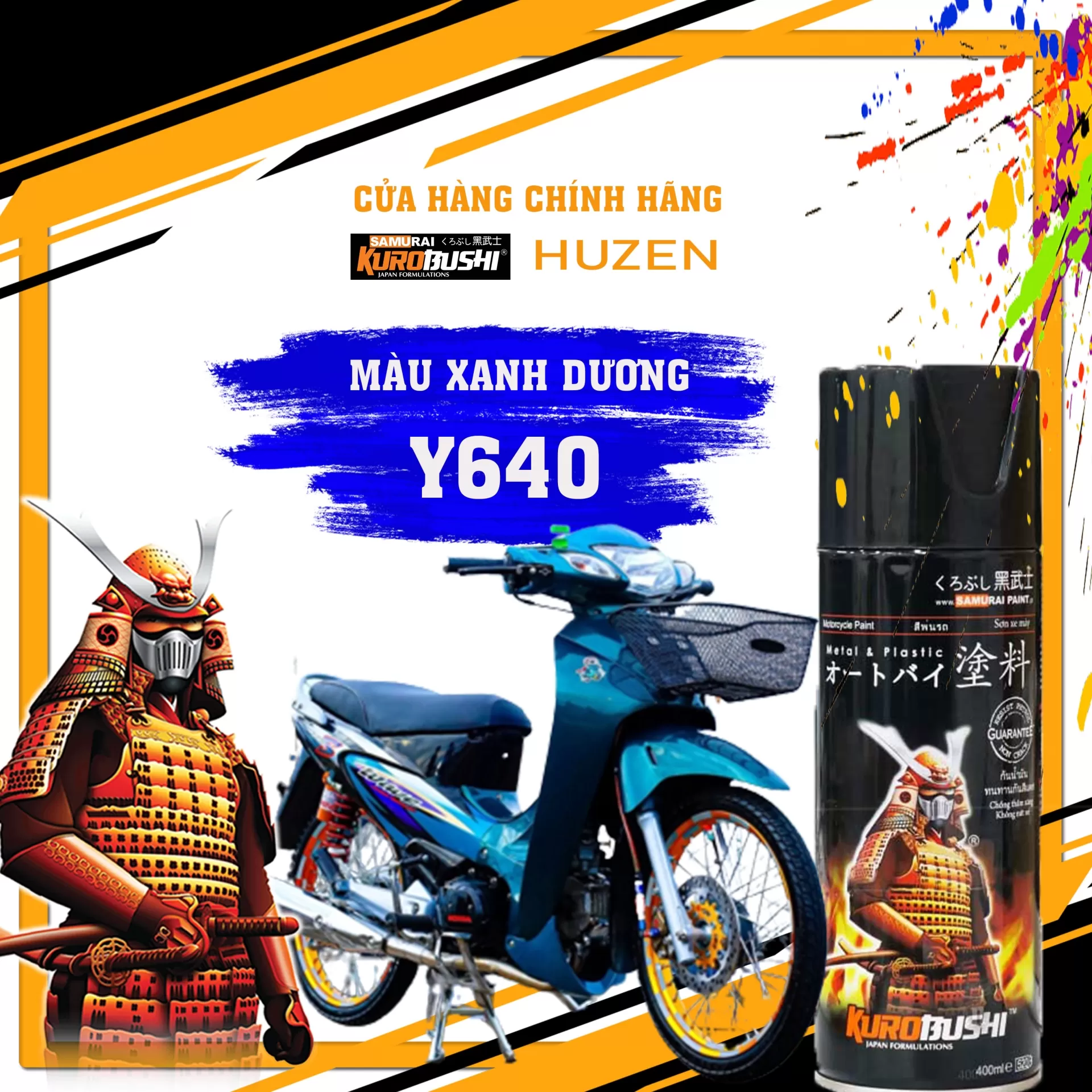 Sơn xịt Samurai Y640 – màu xanh nổi bật, sắc xanh rõ nét, khô nhanh, bám chắc, bề mặt mịn đẹp