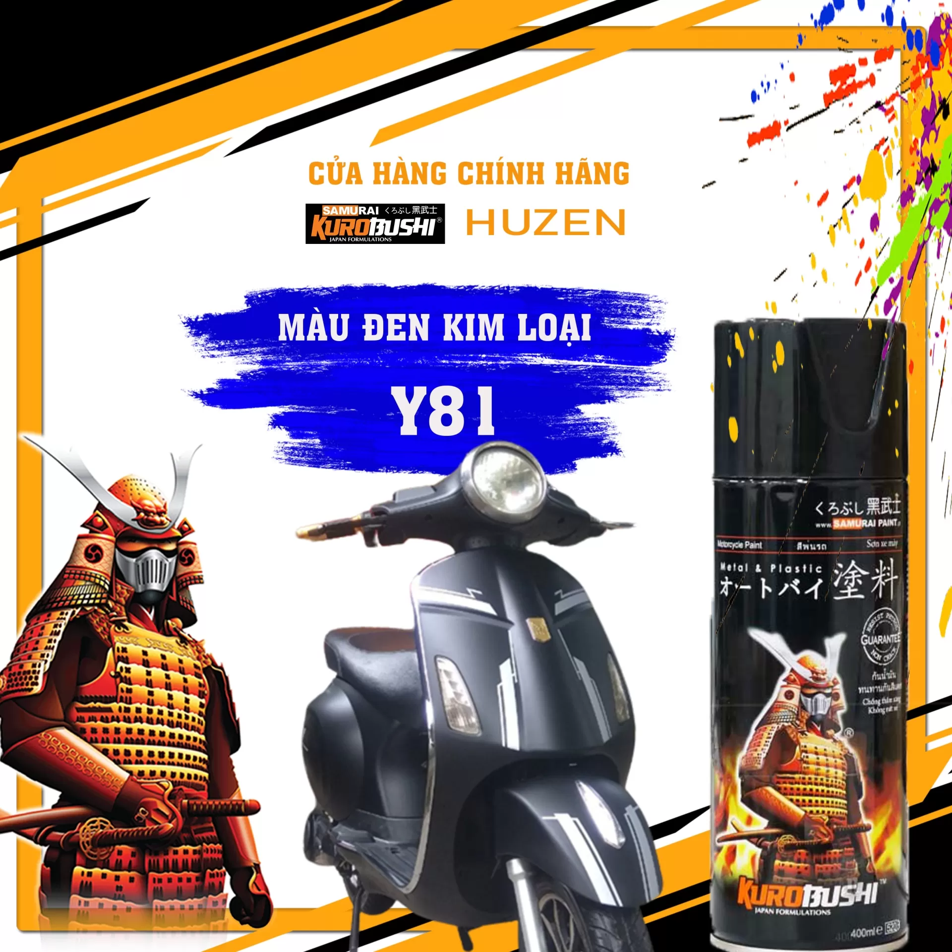 Sơn xịt Samurai Y81 màu đen ánh kim – sang trọng, mạnh mẽ, khô nhanh, bám chắc